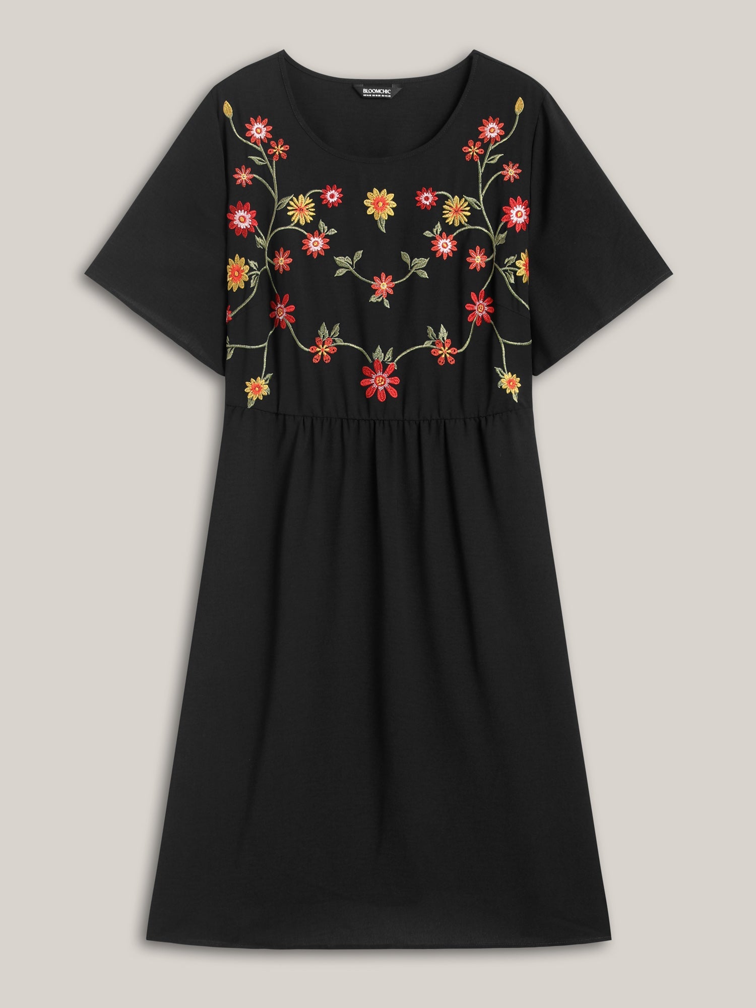(26pcs Minimum Wholesale)Floral Embroidered Waist-Cinched Midi Dress