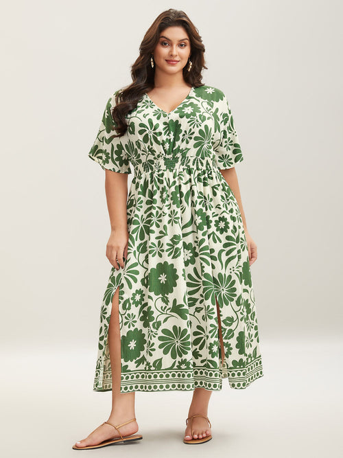 (16pcs Minimum Wholesale)Large Floral Print Pockets Midi Dress
