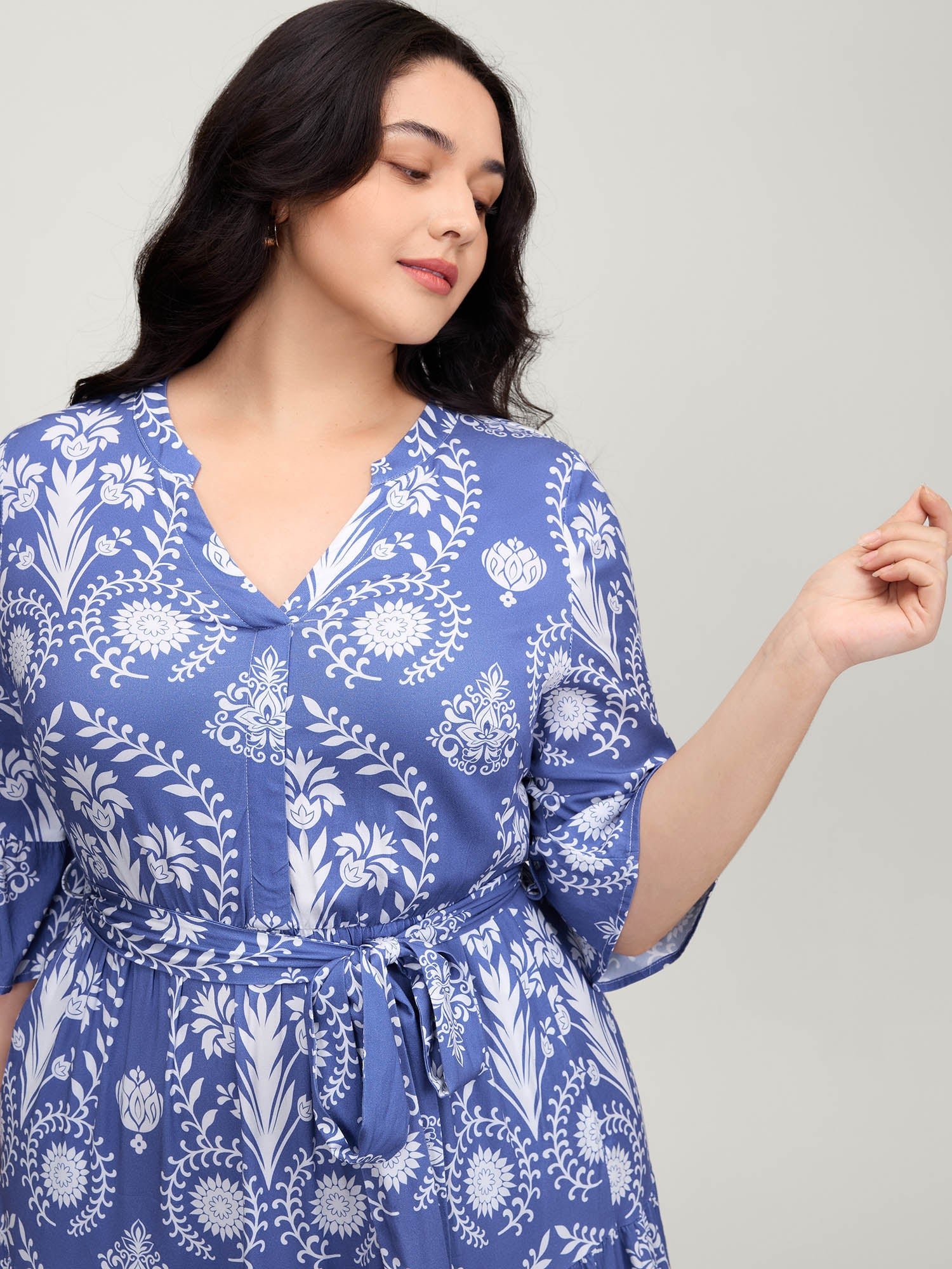 (18pcs Minimum Wholesale)Boho Print Belted Side Pockets Midi Dress