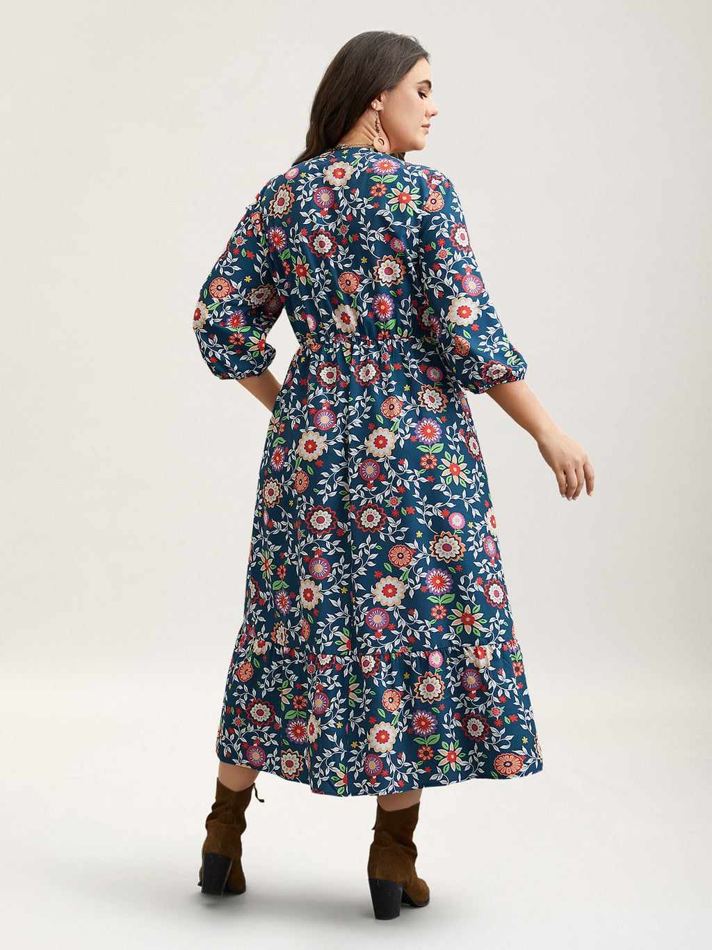 (20pcs Minimum Wholesale)Floral Print Stretchy-Waist Pockets Midi Dress