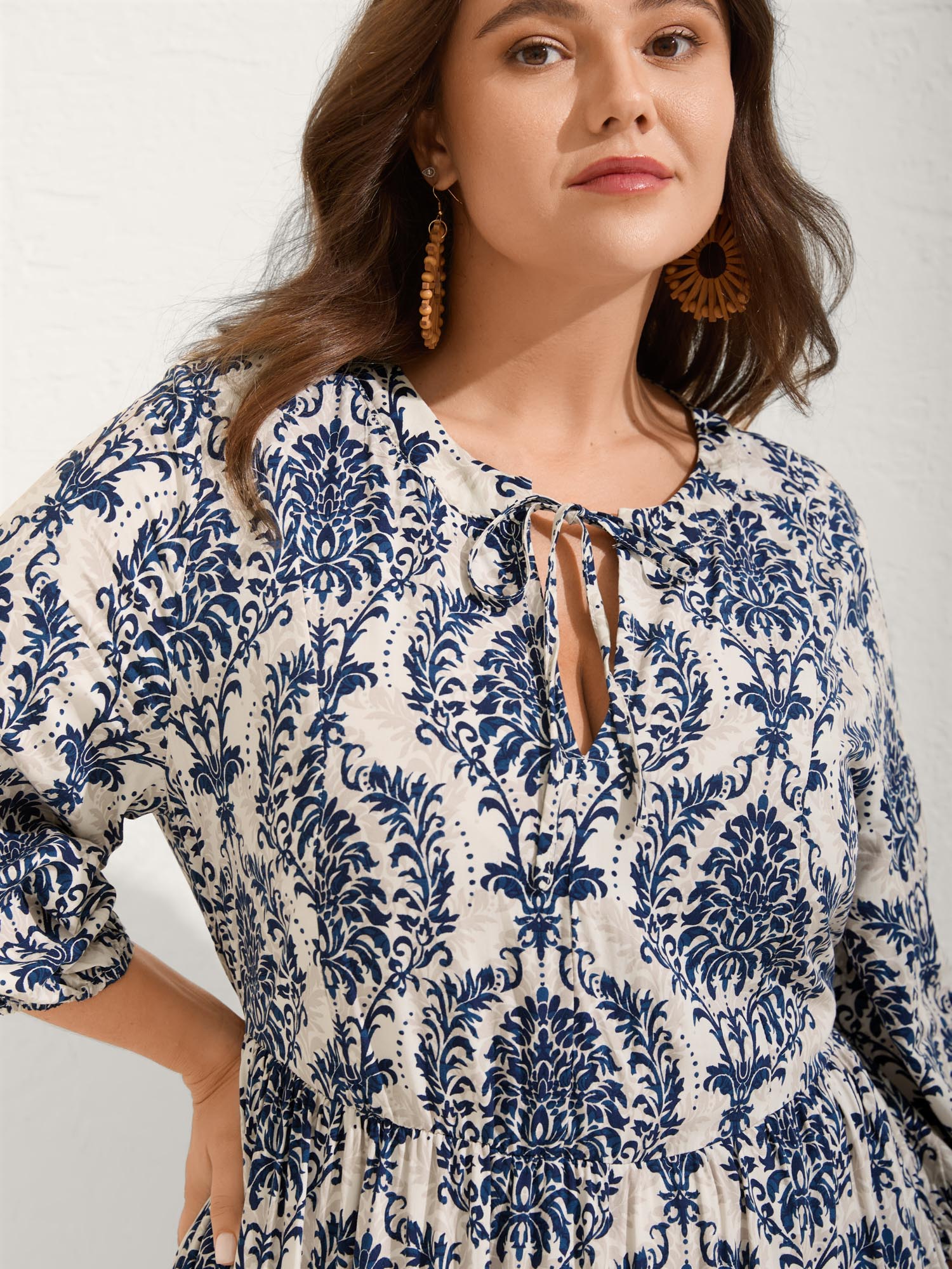 (22pcs Minimum Wholesale)Damask Print Tie Knot Puff Sleeve Dress