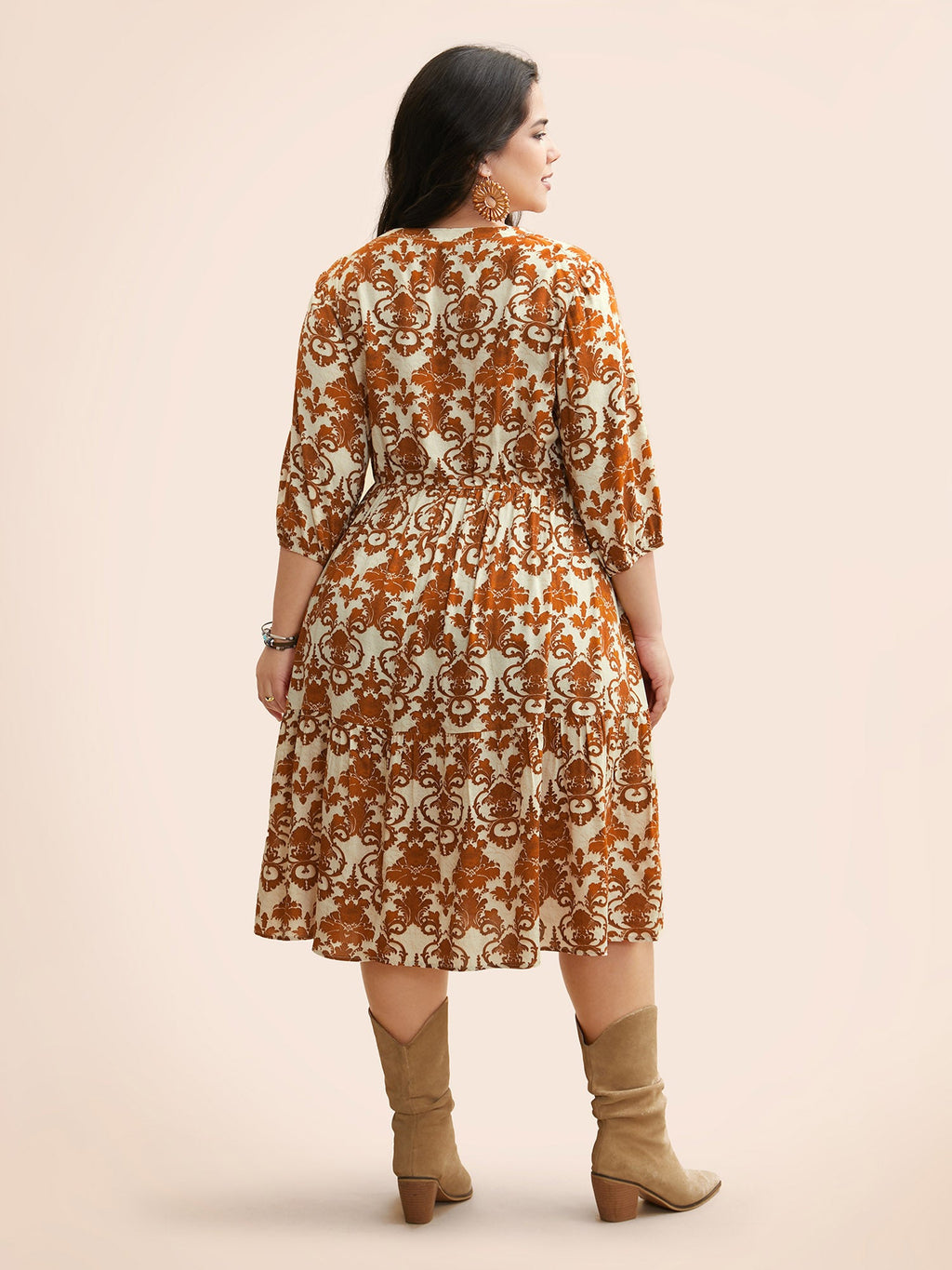 (22pcs Minimum Wholesale)Damask Print Tie Knot Puff Sleeve Dress