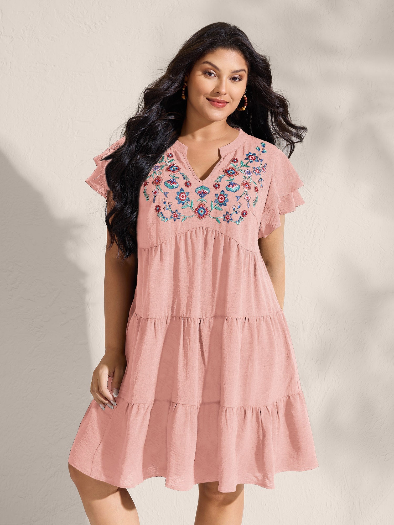 (16pcs Minimum Wholesale)Embroidered Neckline A-Line Ruffled Knee-Length Dress
