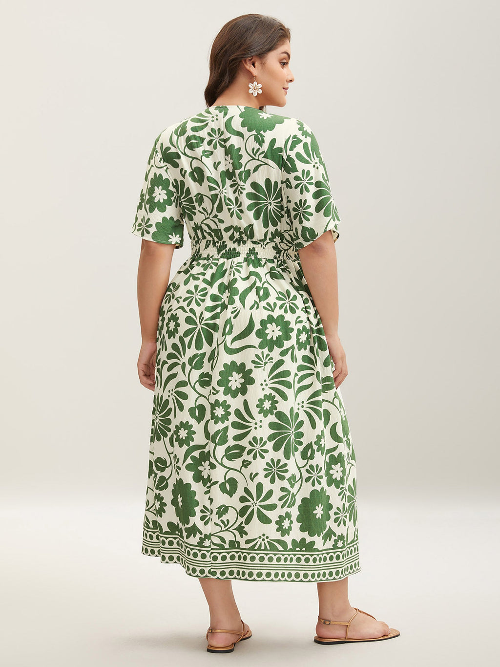 (16pcs Minimum Wholesale)Large Floral Print Pockets Midi Dress