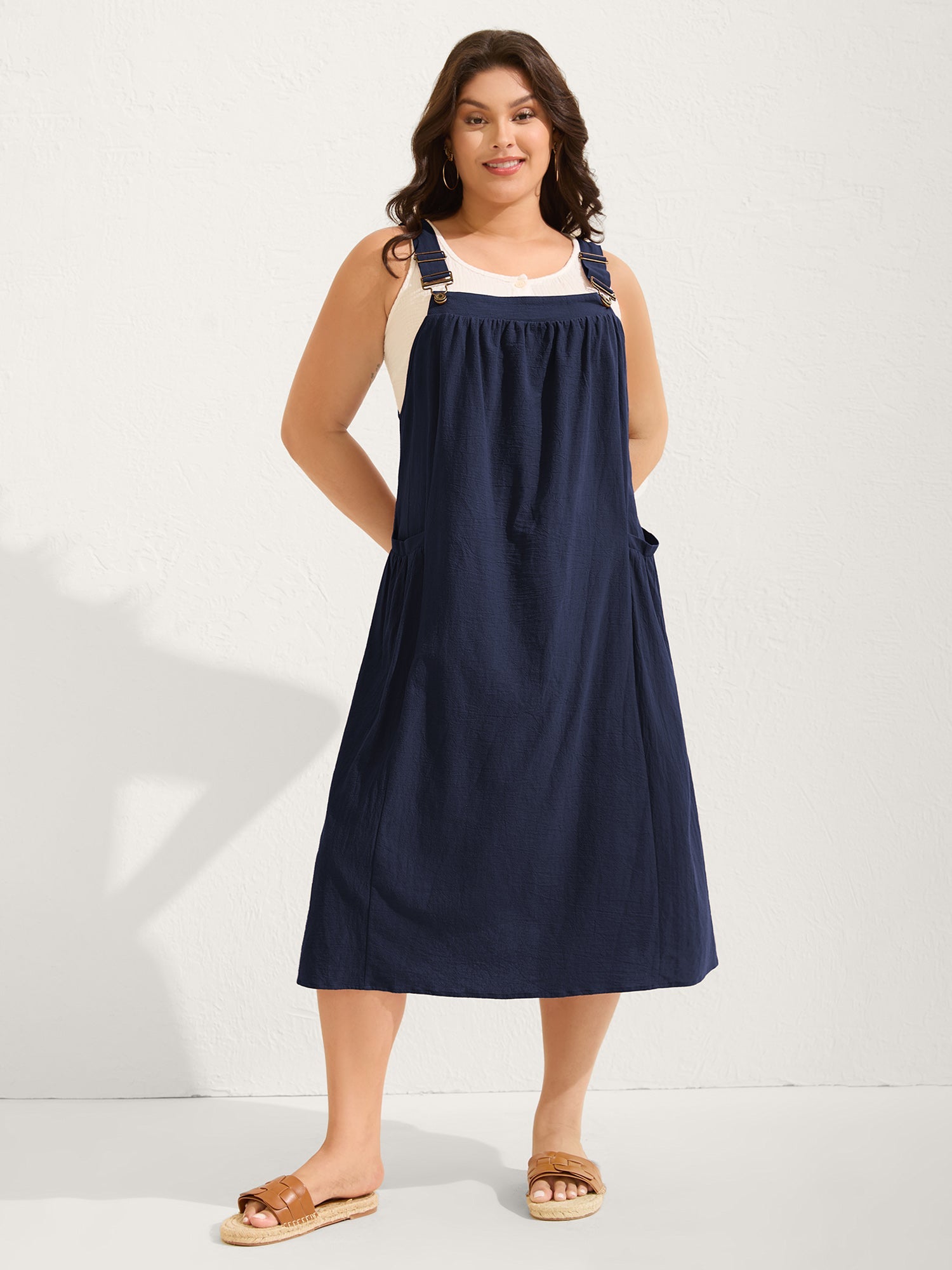 (20pcs Minimum Wholesale)Pure Cotton Pleated Pockets Midi Dress
