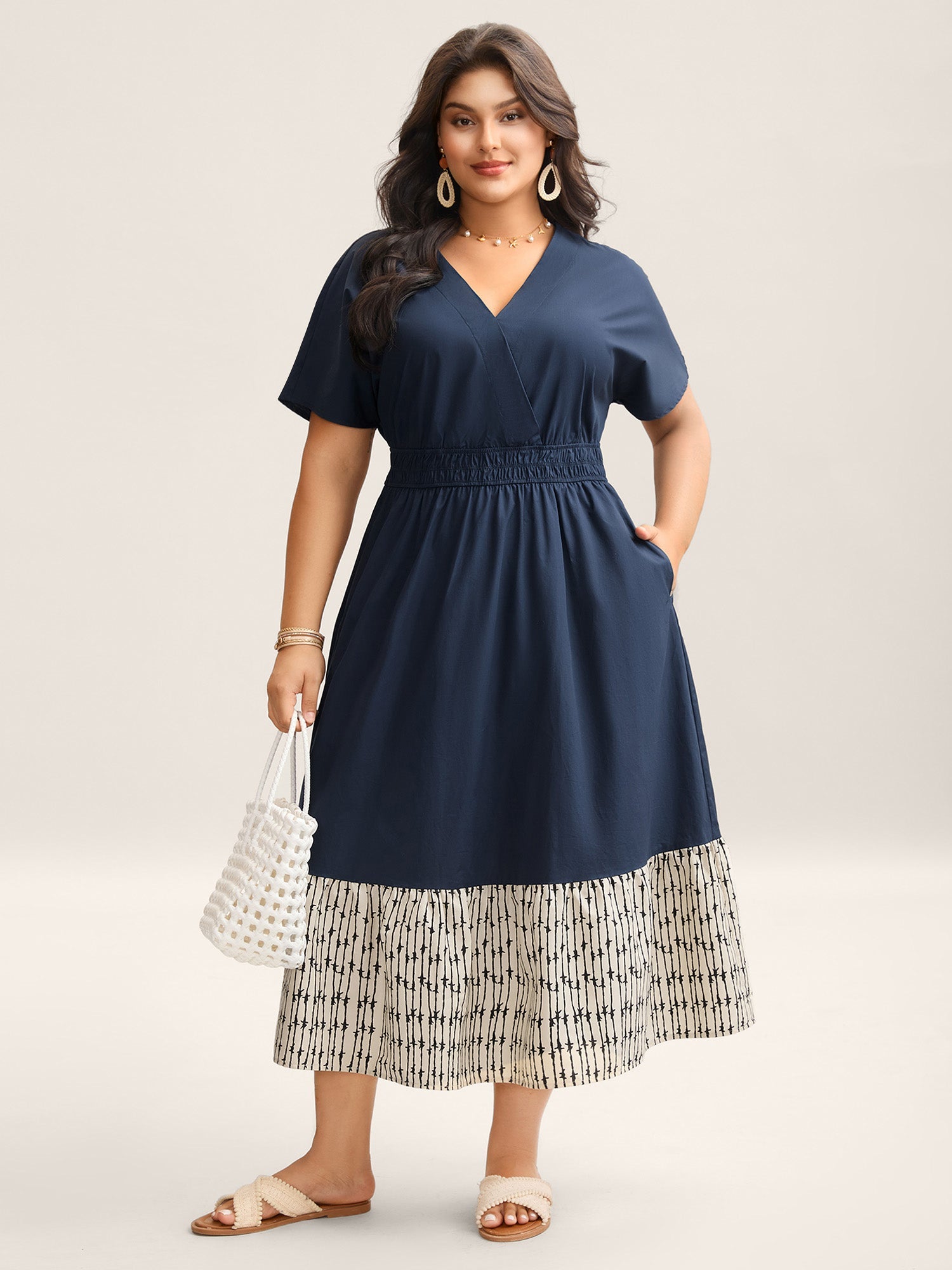 (20pcs Minimum Wholesale)Cotton Color Block Cinched-Waist Spliced Midi Dress