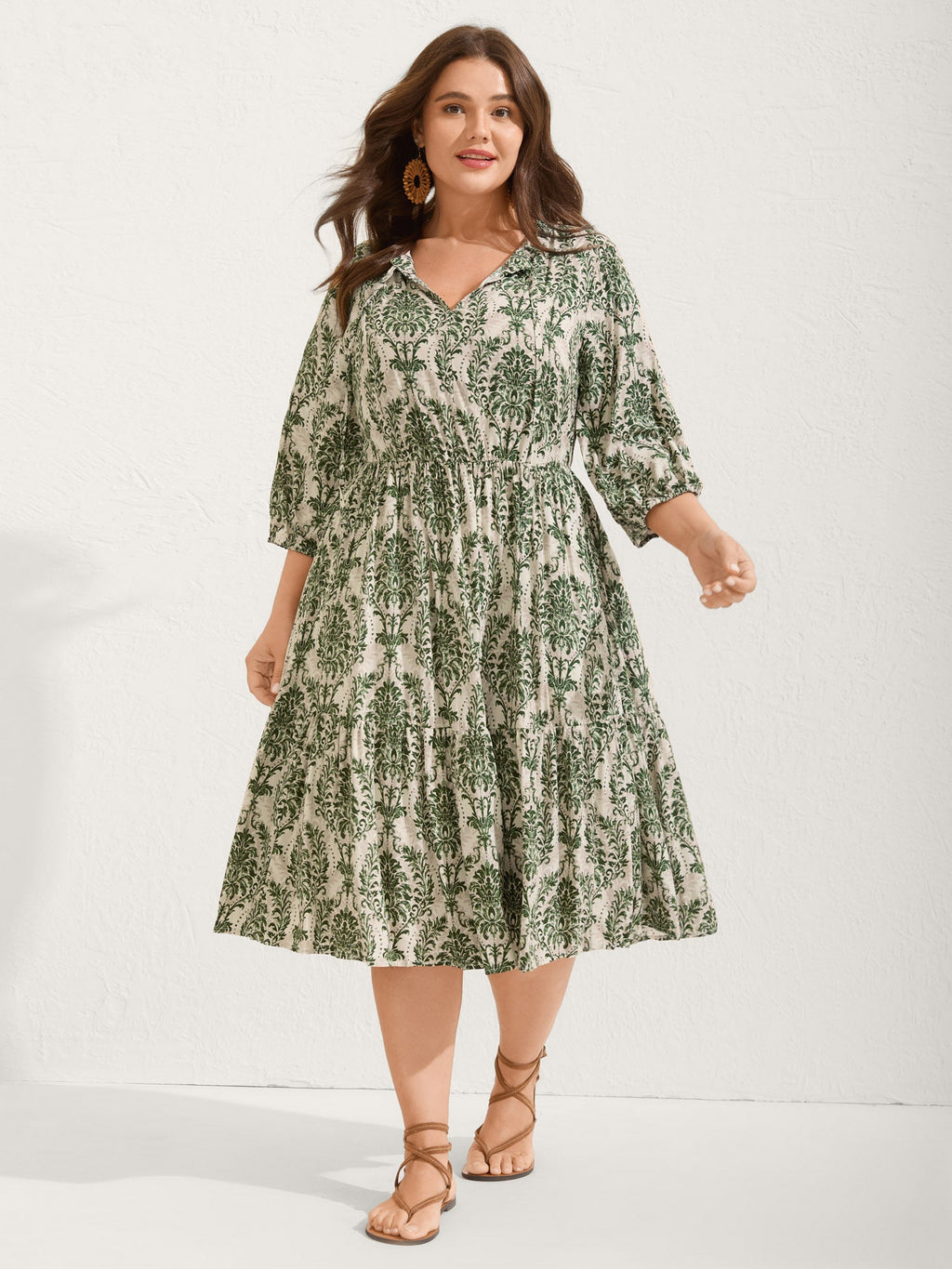 (22pcs Minimum Wholesale)Damask Print Tie Knot Puff Sleeve Dress