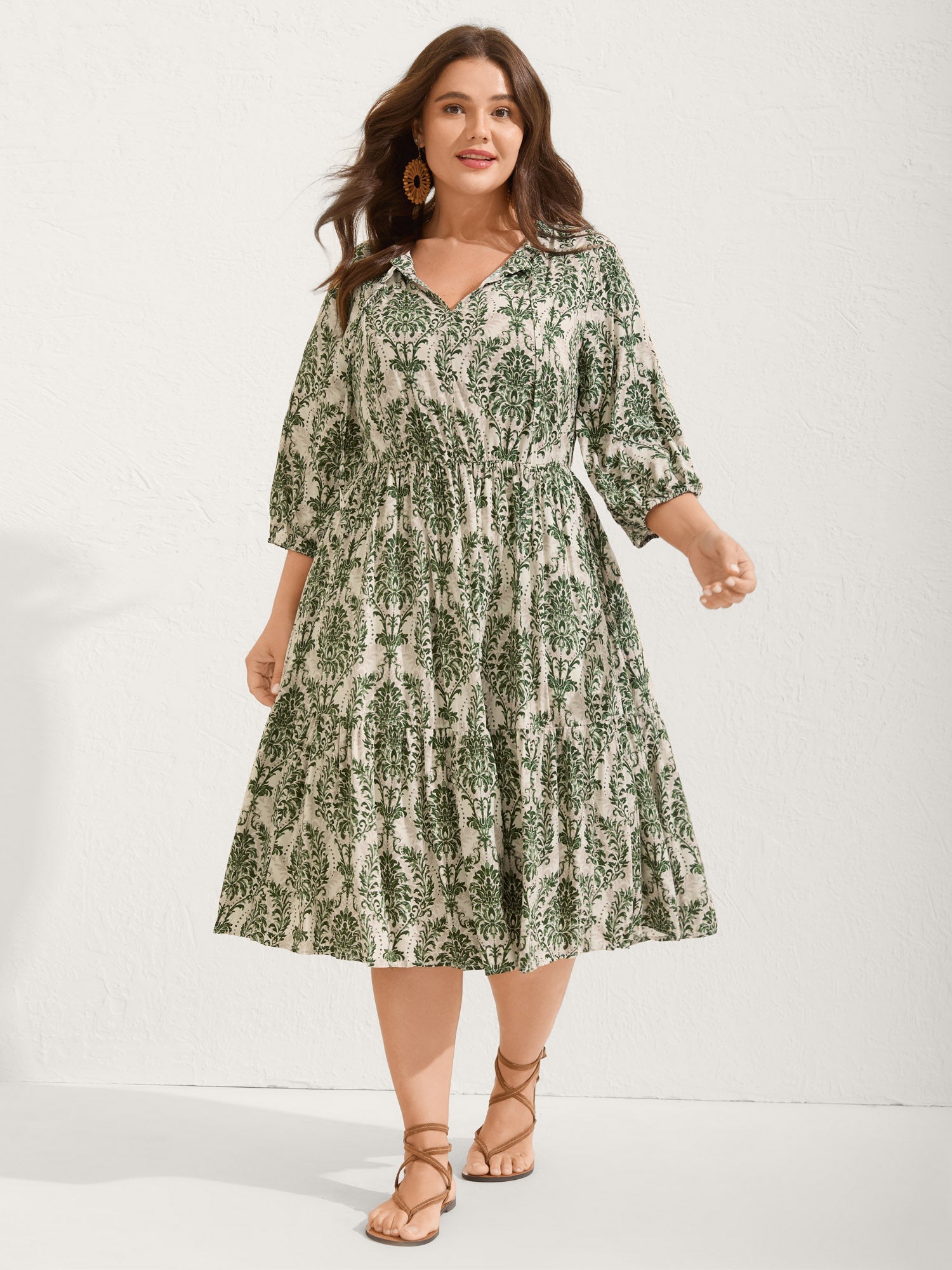 (22pcs Minimum Wholesale)Damask Print Tie Knot Puff Sleeve Dress