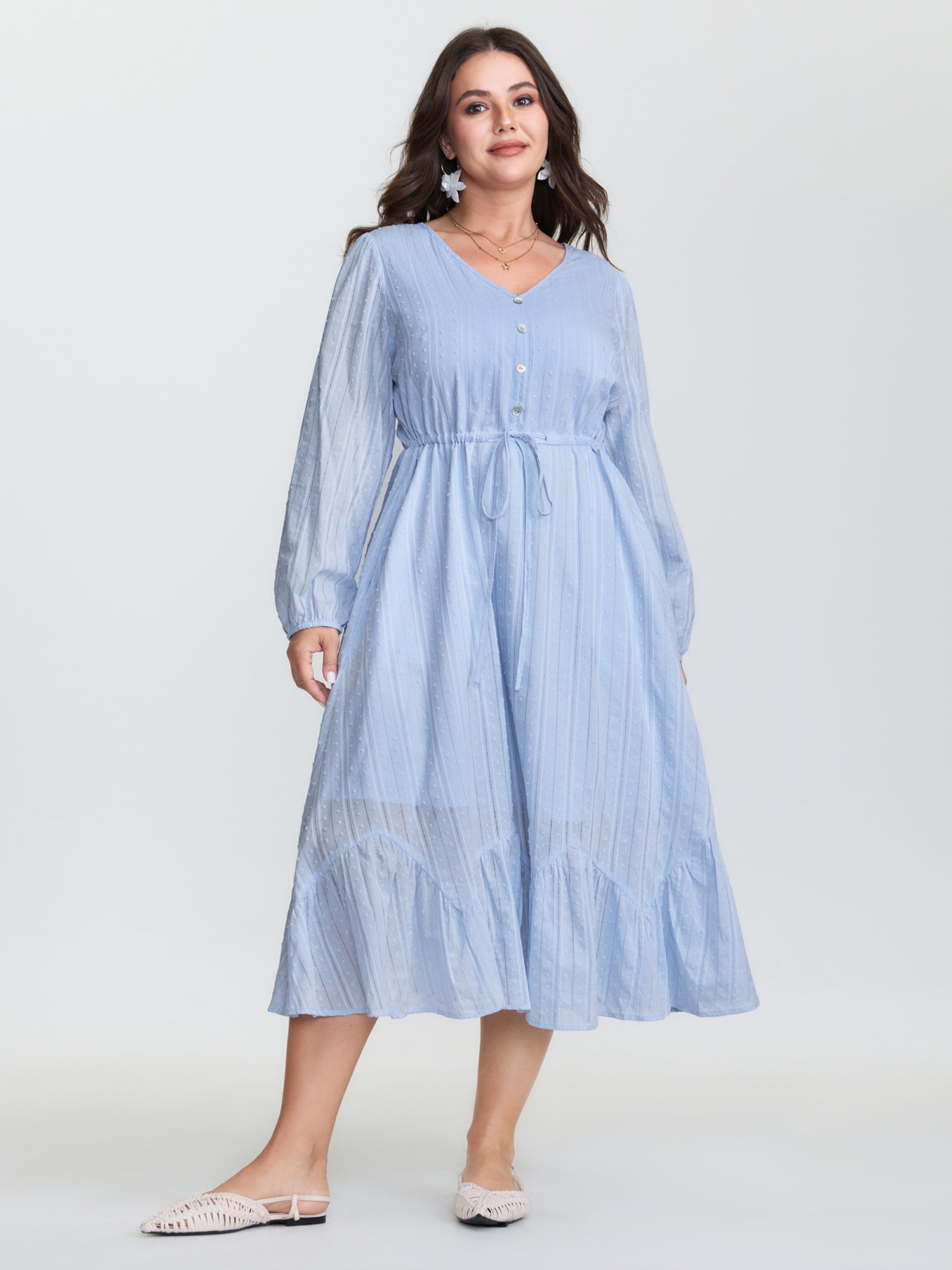 (20pcs Minimum Wholesale)Cotton Striped Waist-Drawstring Tiered Midi Dress