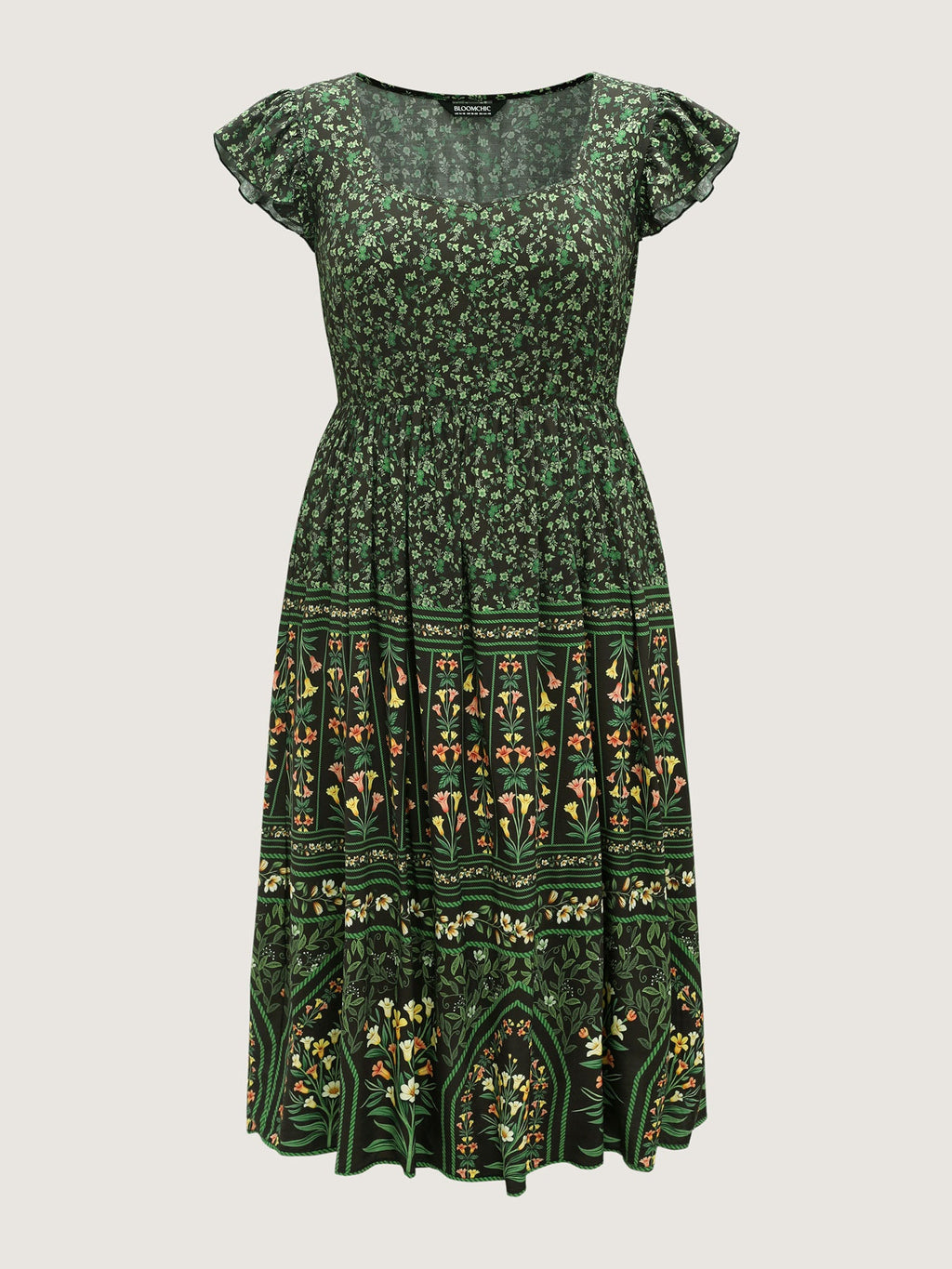 (16pcs Minimum Wholesale)Rayon Garden Fresh Ruffled Sleeve Midi Dress