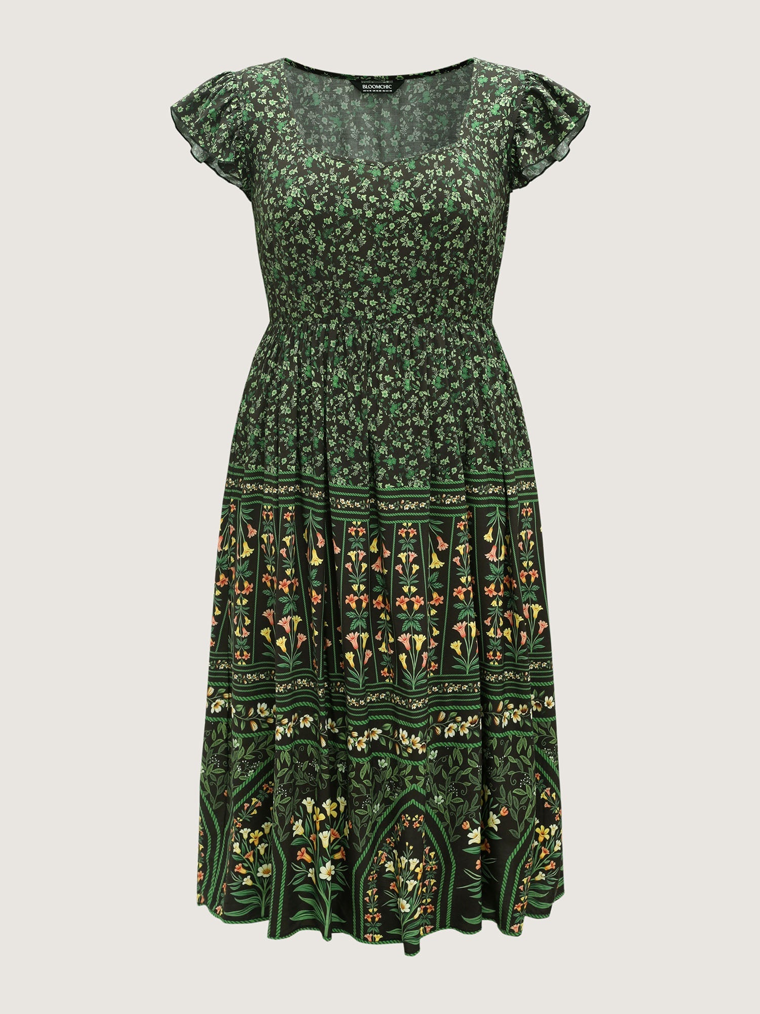 (16pcs Minimum Wholesale)Rayon Garden Fresh Ruffled Sleeve Midi Dress