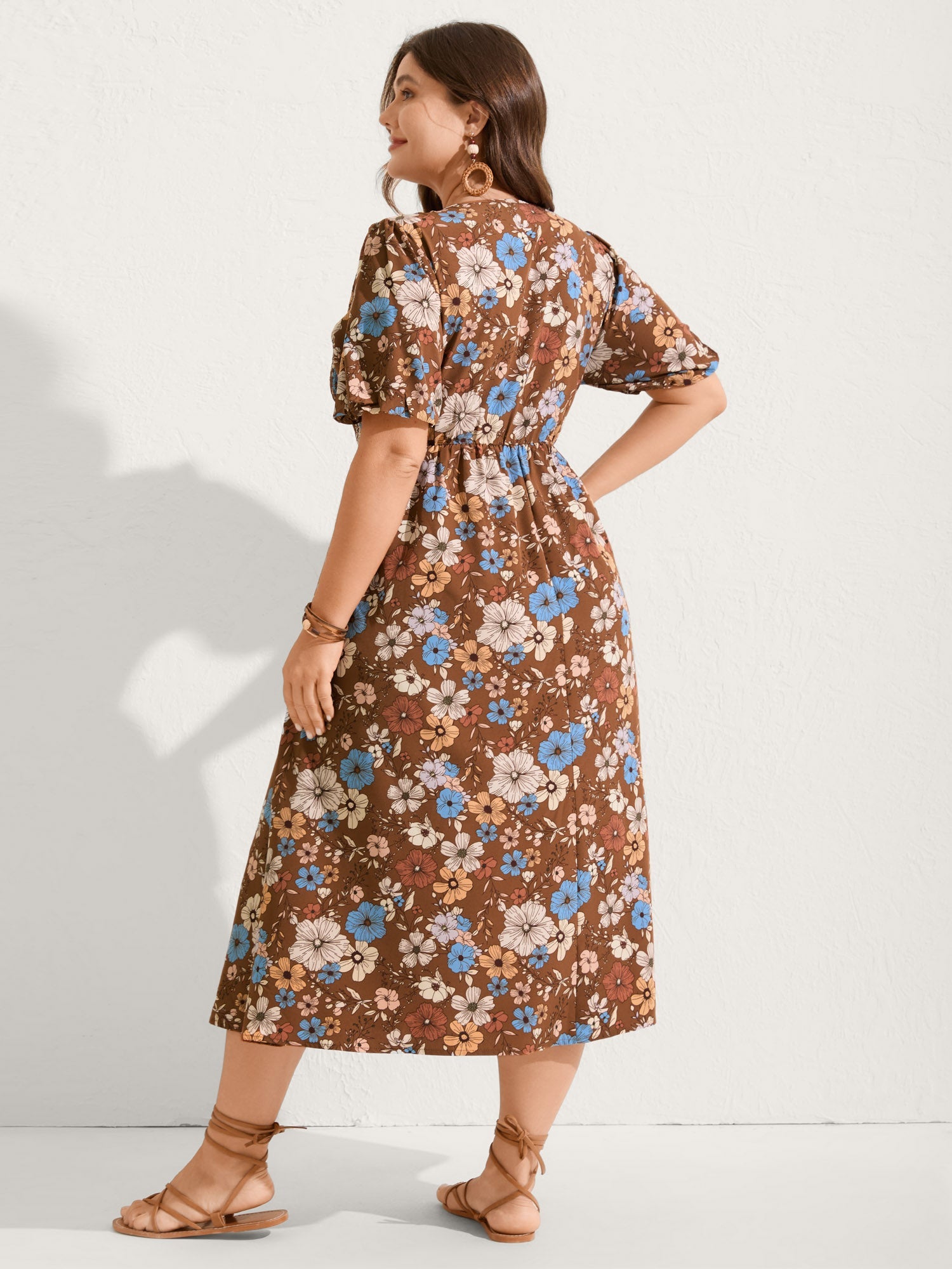 (18pcs Minimum Wholesale)Fall Florals Shirred Bodice Midi Dress