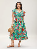 (20pcs Minimum Wholesale)Floral Wrap Patchwork Ruffle Cap Sleeve Dress