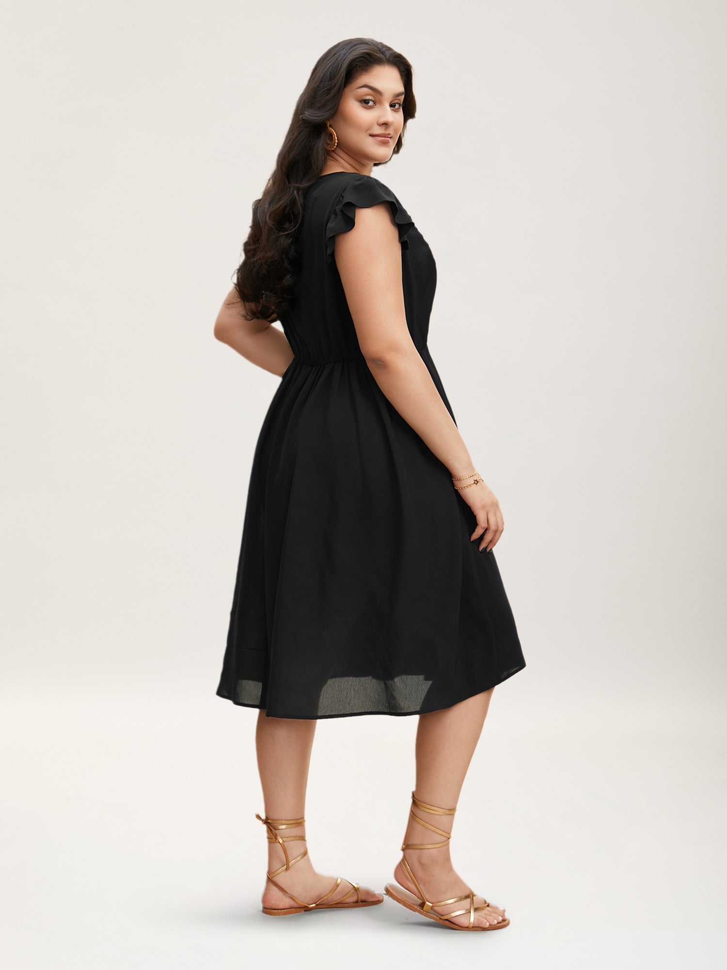 (20pcs Minimum Wholesale)Floral Embroidered V Neck Ruffle Cap Sleeve Dress