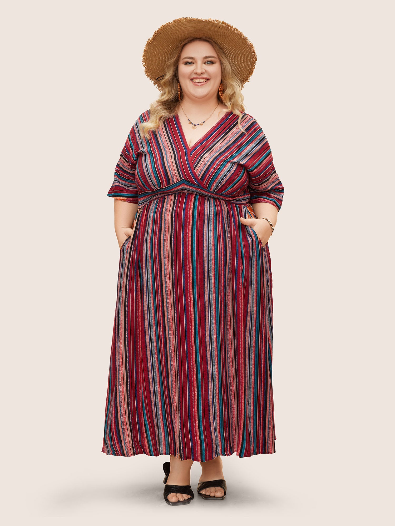(25pcs Minimum Wholesale)Striped Contrast Dolman Sleeve Shirred Pocket Split Flutter Dress
