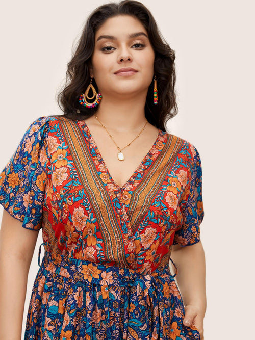 (18pcs Minimum Wholesale)Bandana Surplice Neck Pocket Belted Flutter Hem Maxi Dress