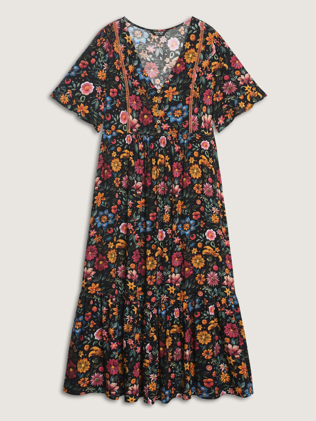 (20pcs Minimum Wholesale)Rayon Floral Lace Trim Button Maxi Dress