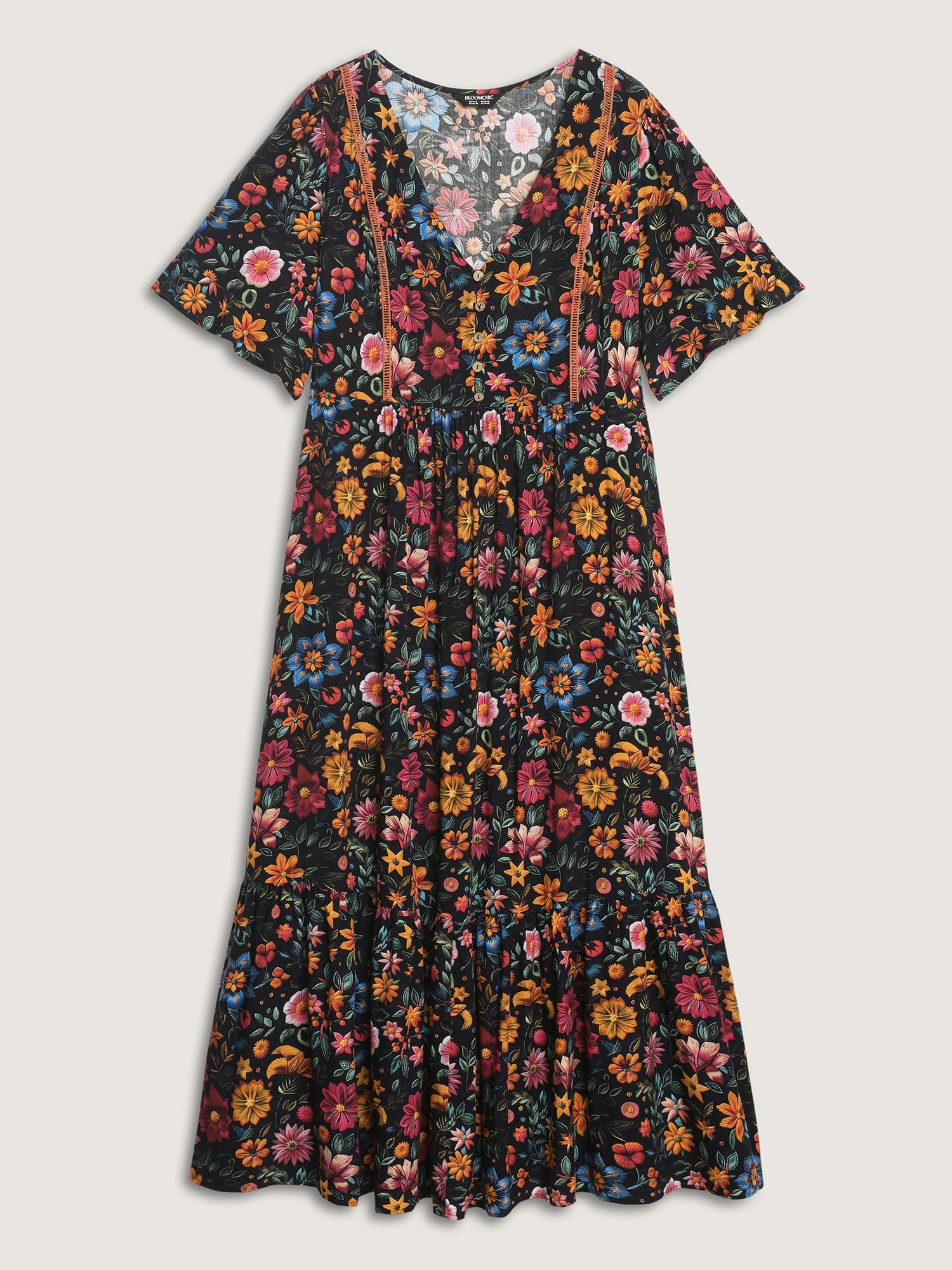 (20pcs Minimum Wholesale)Rayon Floral Lace Trim Button Maxi Dress