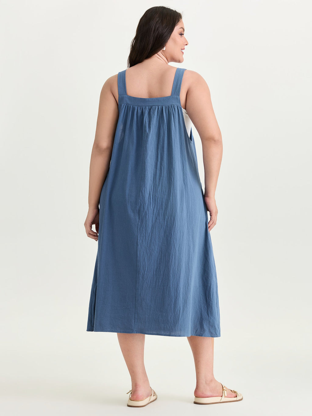 (20pcs Minimum Wholesale)Pure Cotton Pleated Pockets Midi Dress