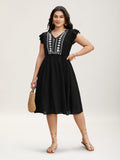 (20pcs Minimum Wholesale)Floral Embroidered V Neck Ruffle Cap Sleeve Dress