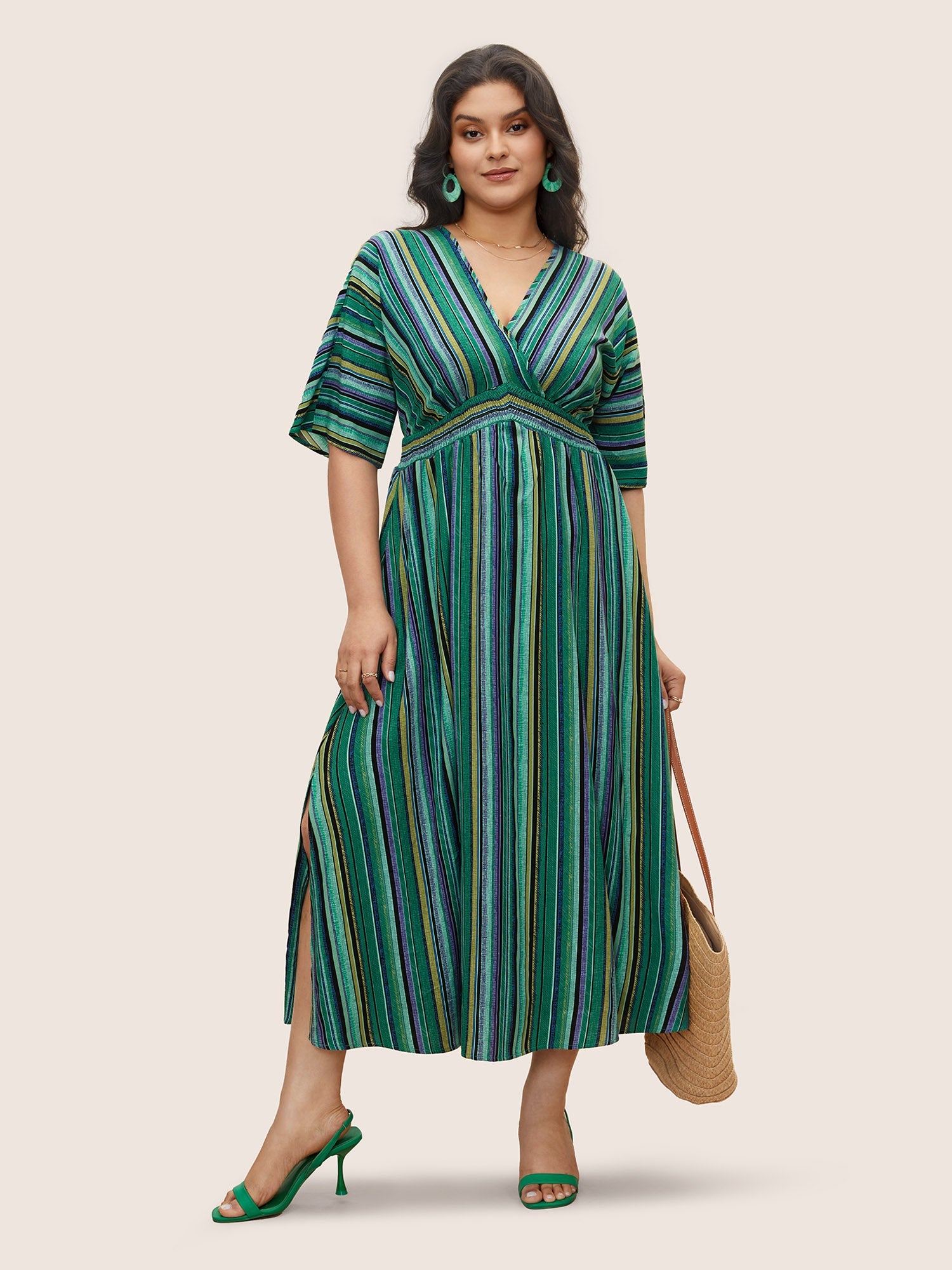 (25pcs Minimum Wholesale)Striped Contrast Dolman Sleeve Shirred Pocket Split Flutter Dress