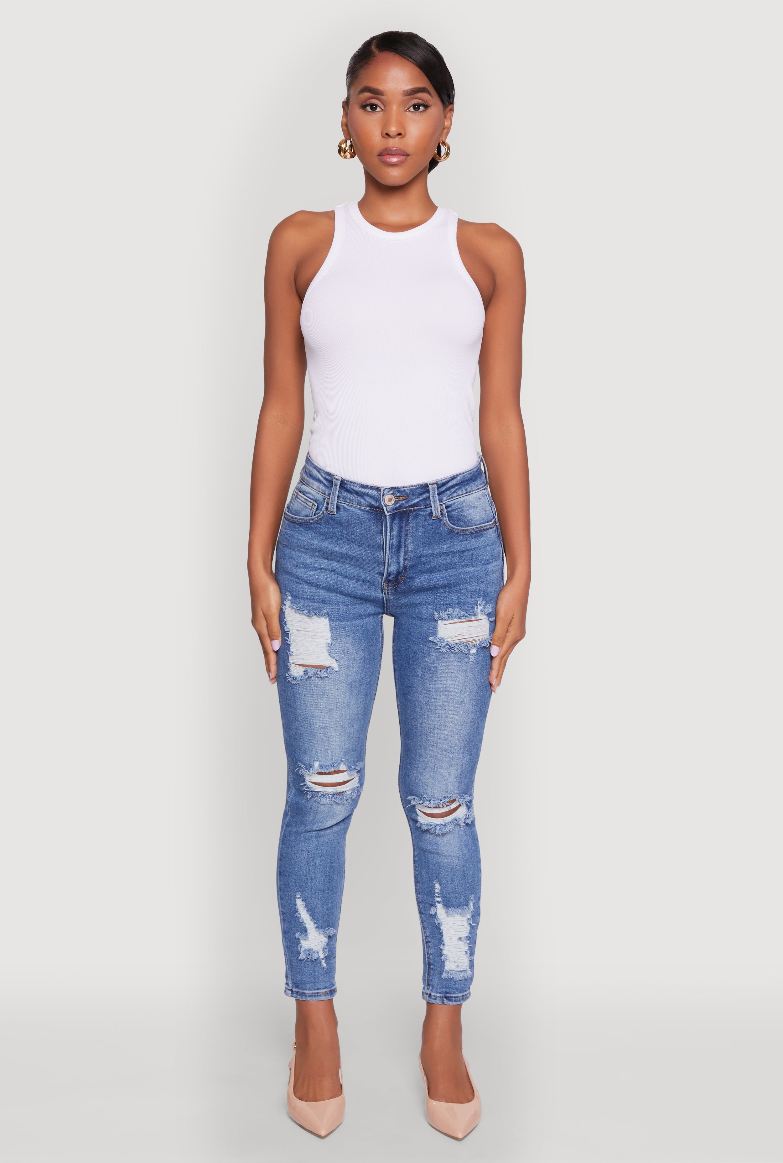 WAX Ripped Rolled Cuff Skinny Jeans