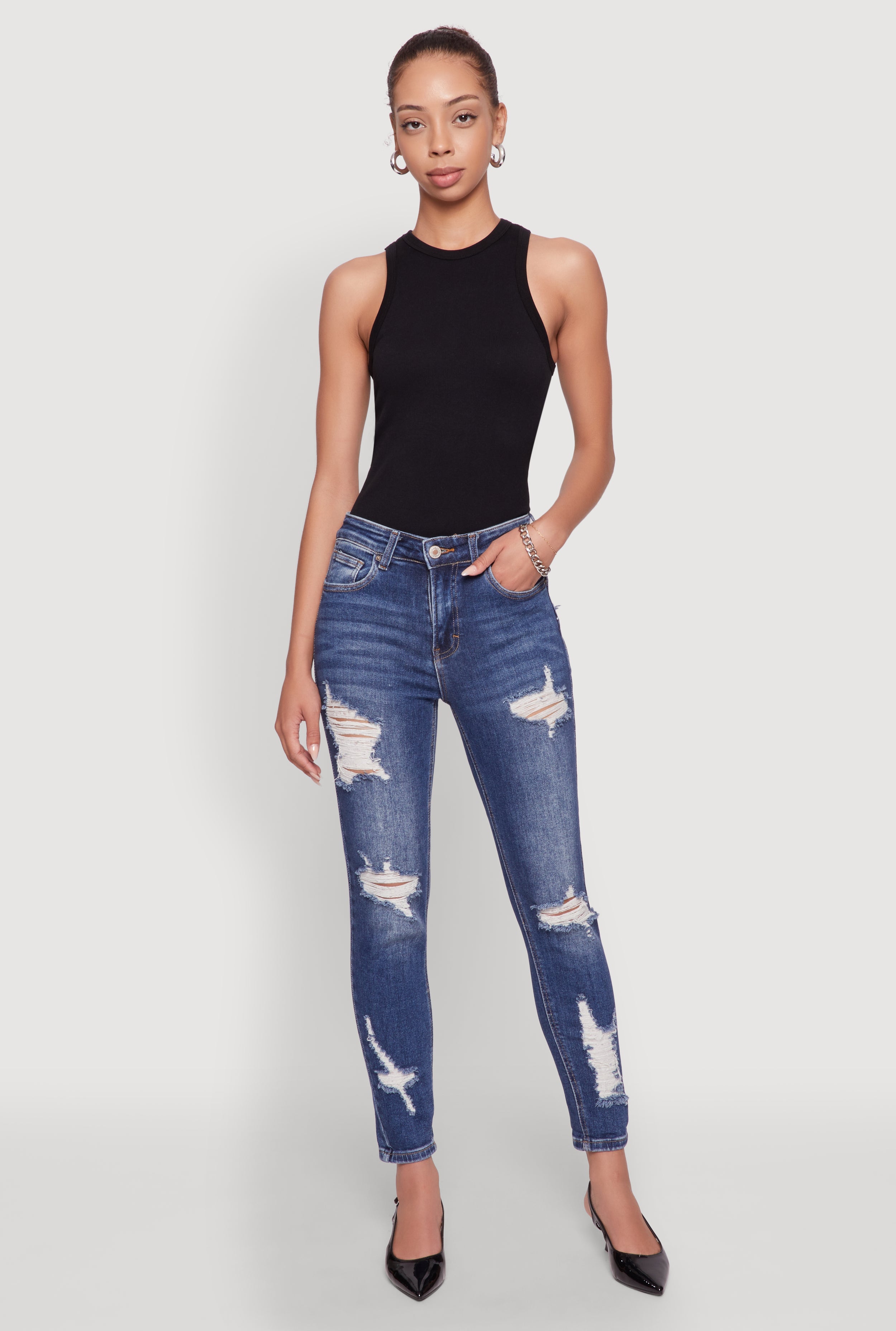 WAX Ripped Rolled Cuff Skinny Jeans