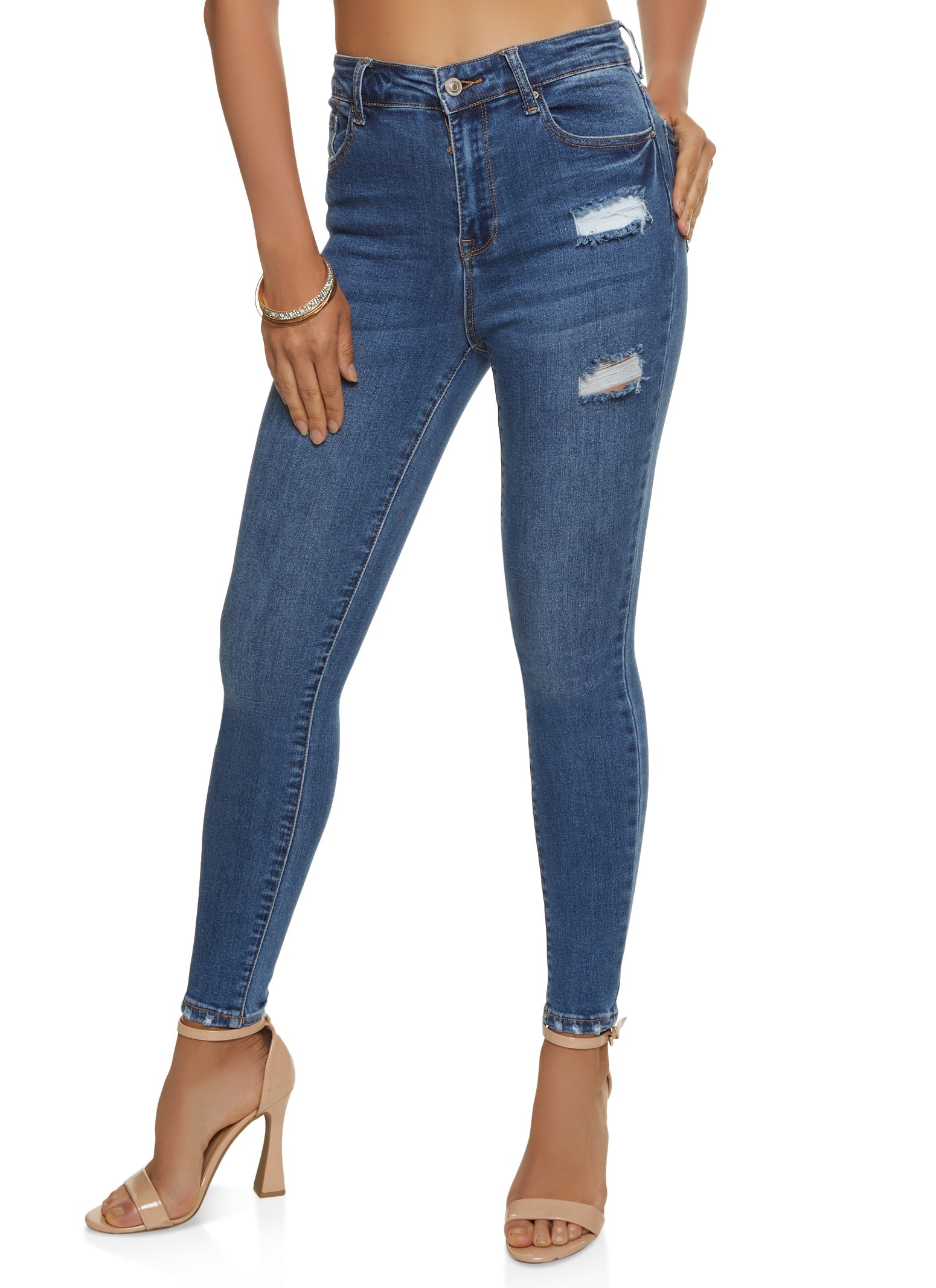 (18pcs Minimum Wholesale)WAX Basic Distressed High Waist Skinny Jeans