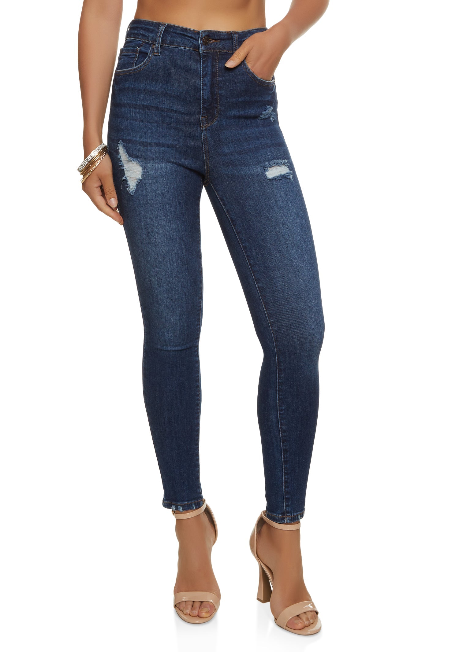 (16pcs Minimum Wholesale)WAX Basic Distressed High Waist Skinny Jeans