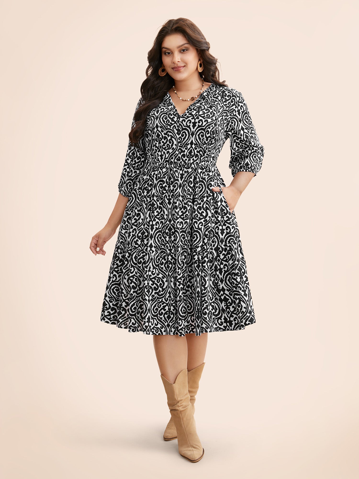 (22pcs Minimum Wholesale)Damask Print Tie Knot Puff Sleeve Dress