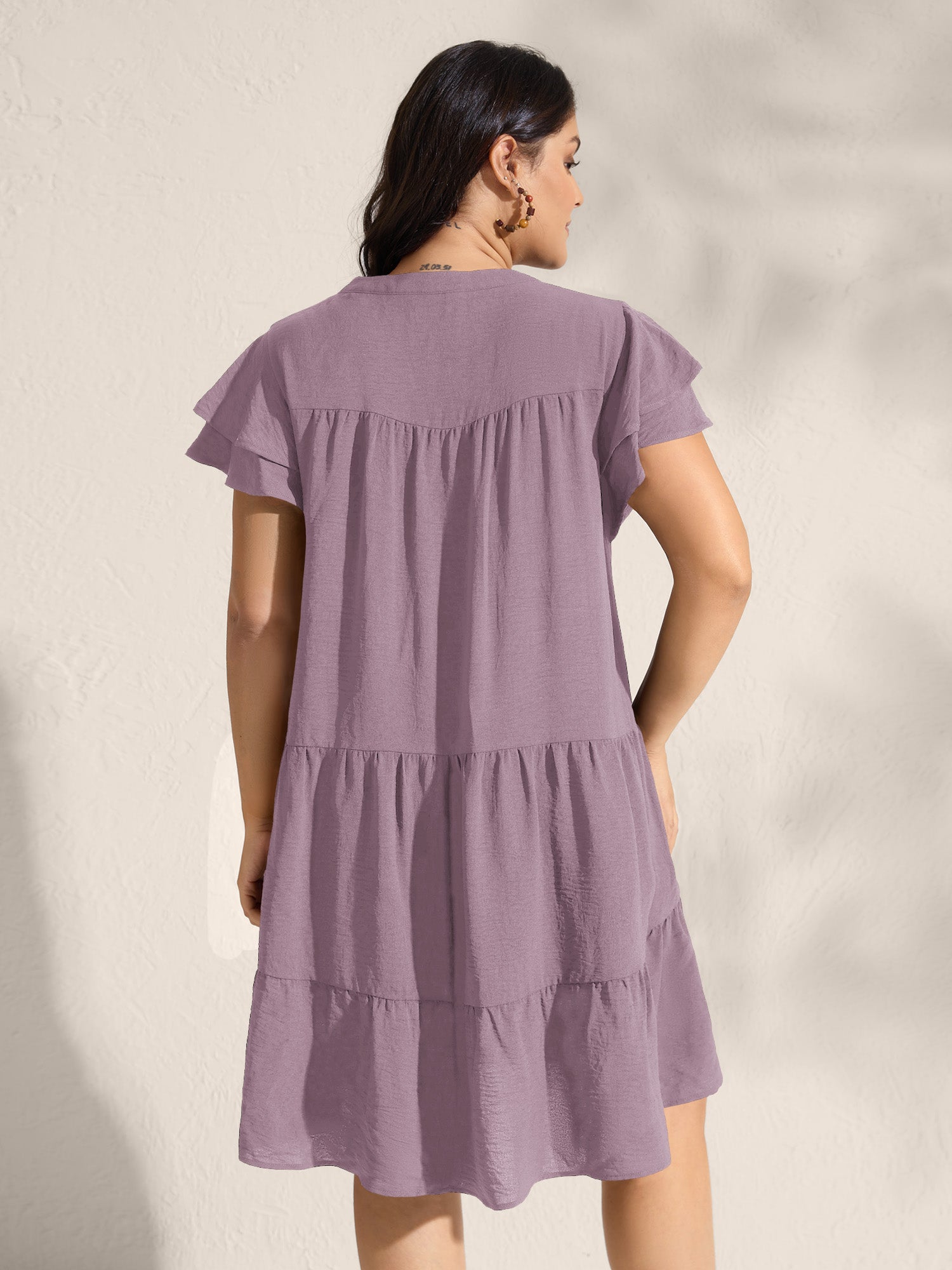 (16pcs Minimum Wholesale)Embroidered Neckline A-Line Ruffled Knee-Length Dress