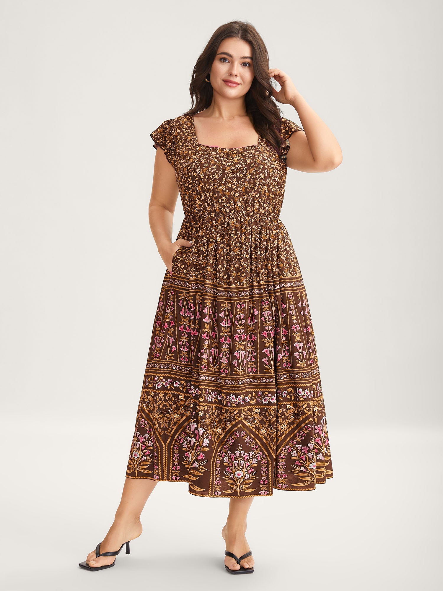 (16pcs Minimum Wholesale)Rayon Garden Fresh Ruffled Sleeve Midi Dress