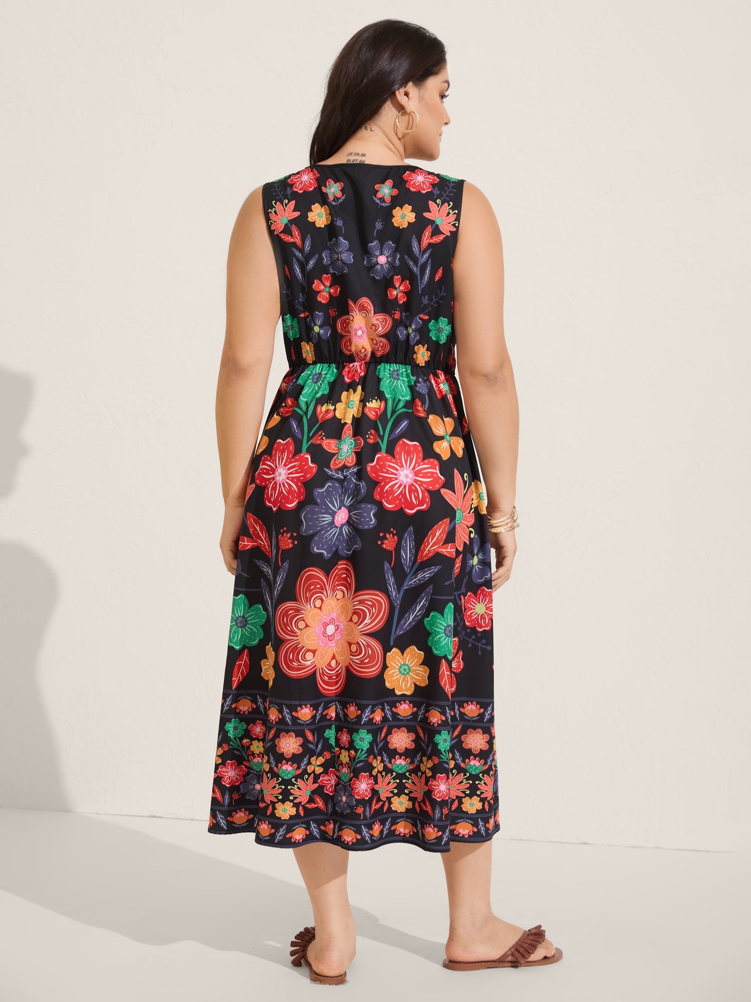 (18pcs Minimum Wholesale)Floral Drama Cinched-Waist Maxi Dress