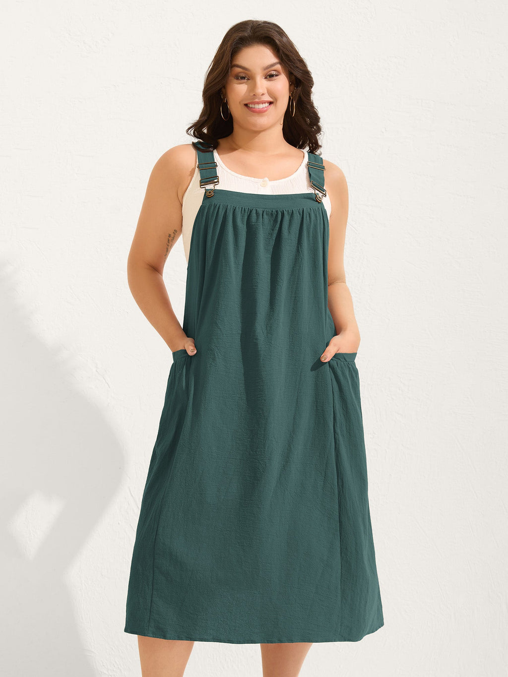 (20pcs Minimum Wholesale)Pure Cotton Pleated Pockets Midi Dress