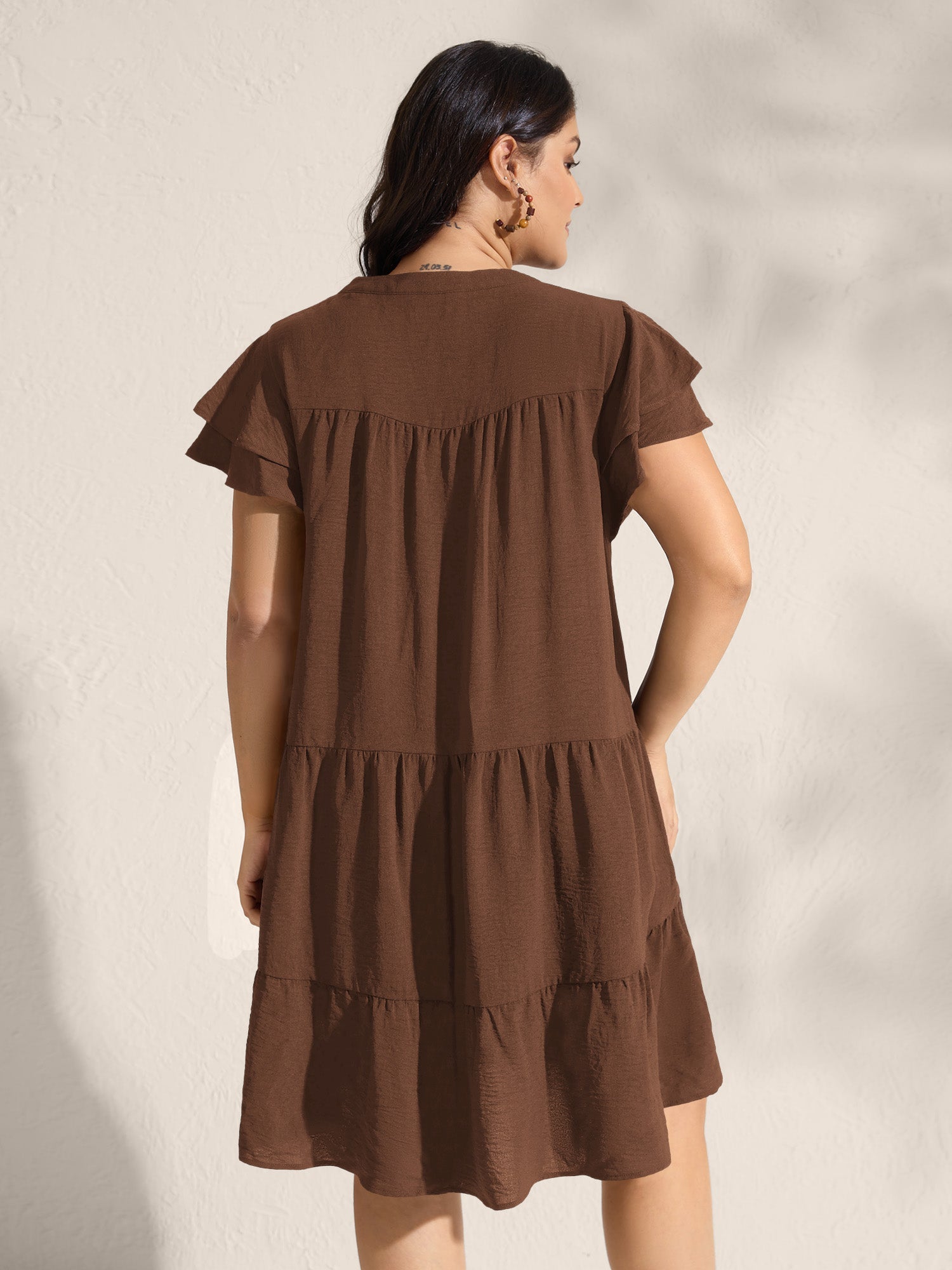 (16pcs Minimum Wholesale)Embroidered Neckline A-Line Ruffled Knee-Length Dress