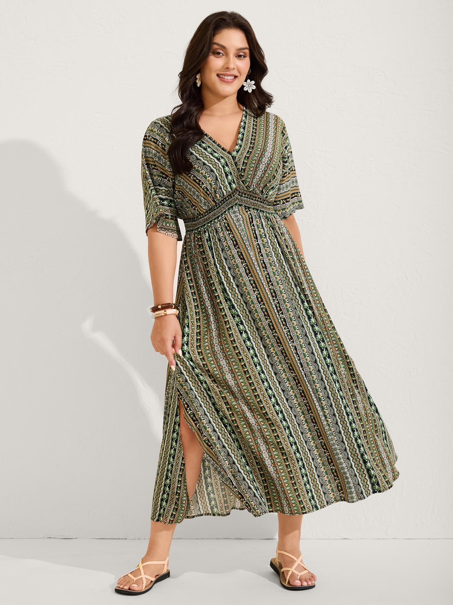 (25pcs Minimum Wholesale)Striped Contrast Dolman Sleeve Shirred Pocket Split Flutter Dress