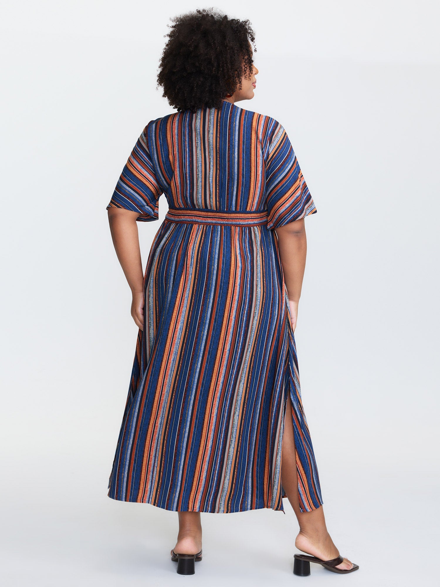(25pcs Minimum Wholesale)Striped Contrast Dolman Sleeve Shirred Pocket Split Flutter Dress