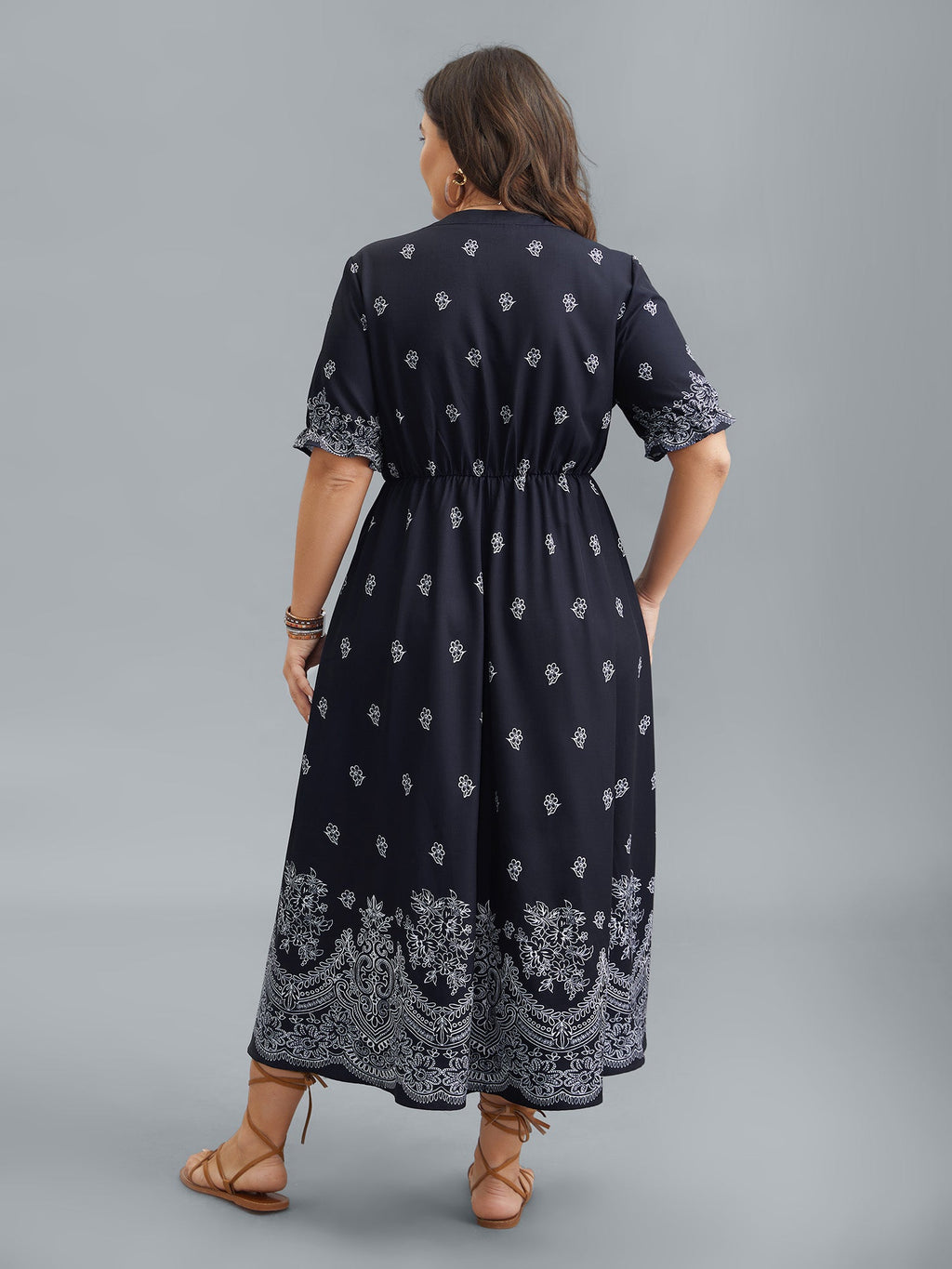 (16pcs Minimum Wholesale)Floral Waist-Tie Notched Collar Midi Dress
