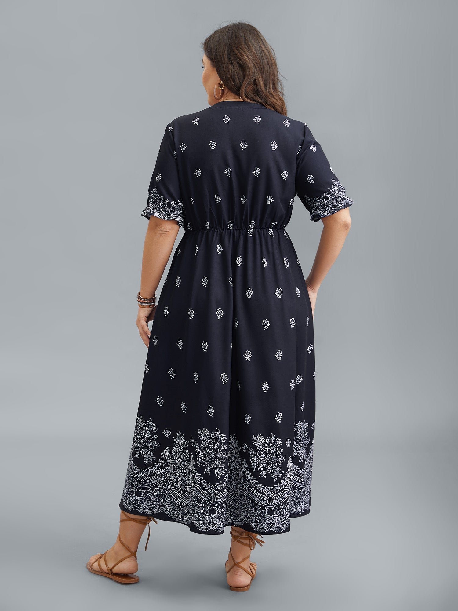 (16pcs Minimum Wholesale)Floral Waist-Tie Notched Collar Midi Dress