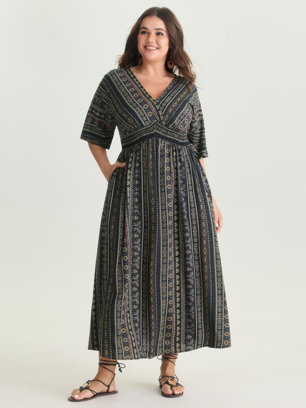 (25pcs Minimum Wholesale)Striped Contrast Dolman Sleeve Shirred Pocket Split Flutter Dress