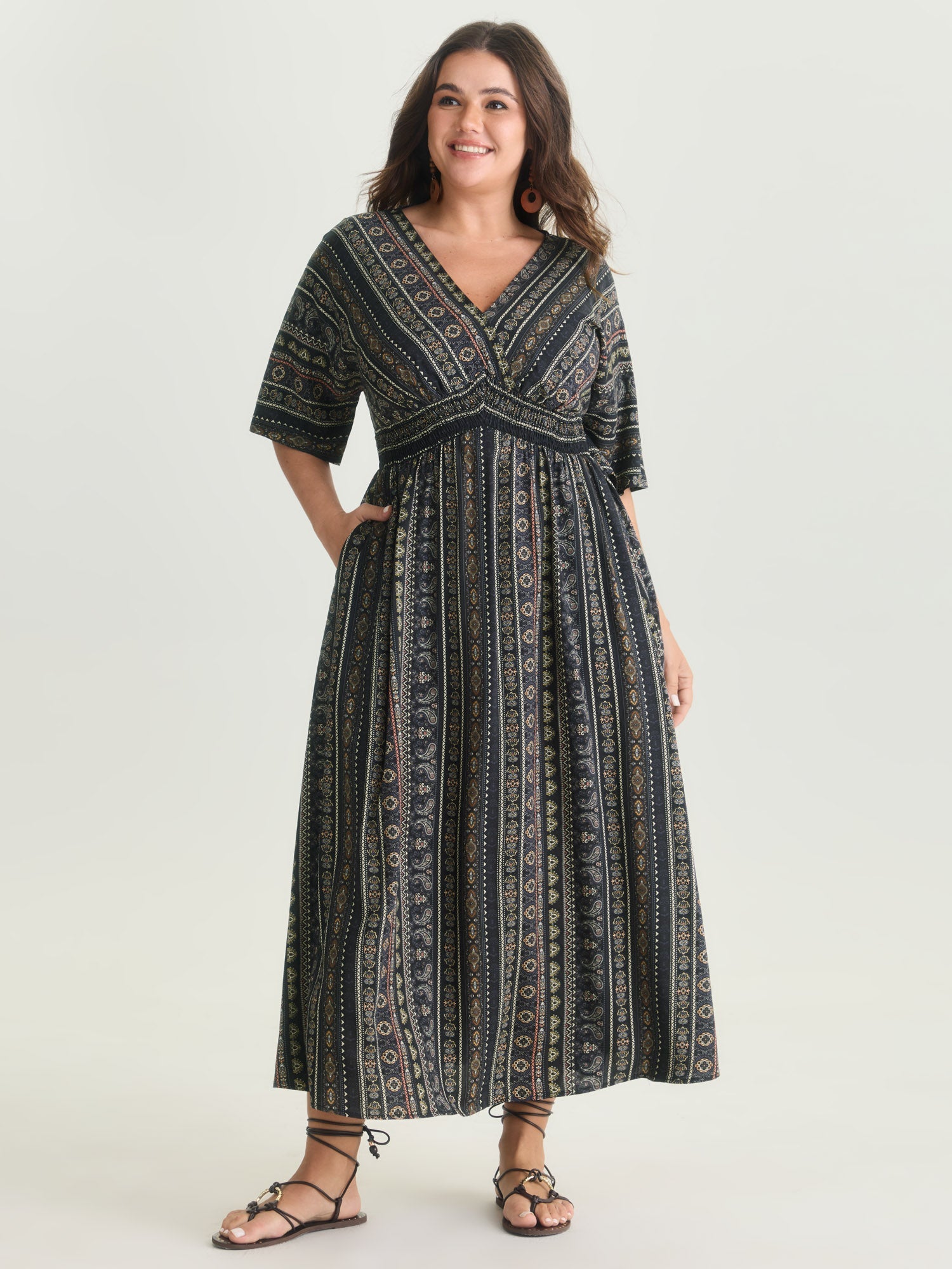 (25pcs Minimum Wholesale)Striped Contrast Dolman Sleeve Shirred Pocket Split Flutter Dress
