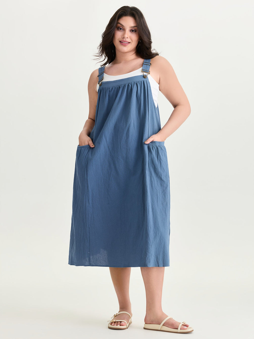 (20pcs Minimum Wholesale)Pure Cotton Pleated Pockets Midi Dress