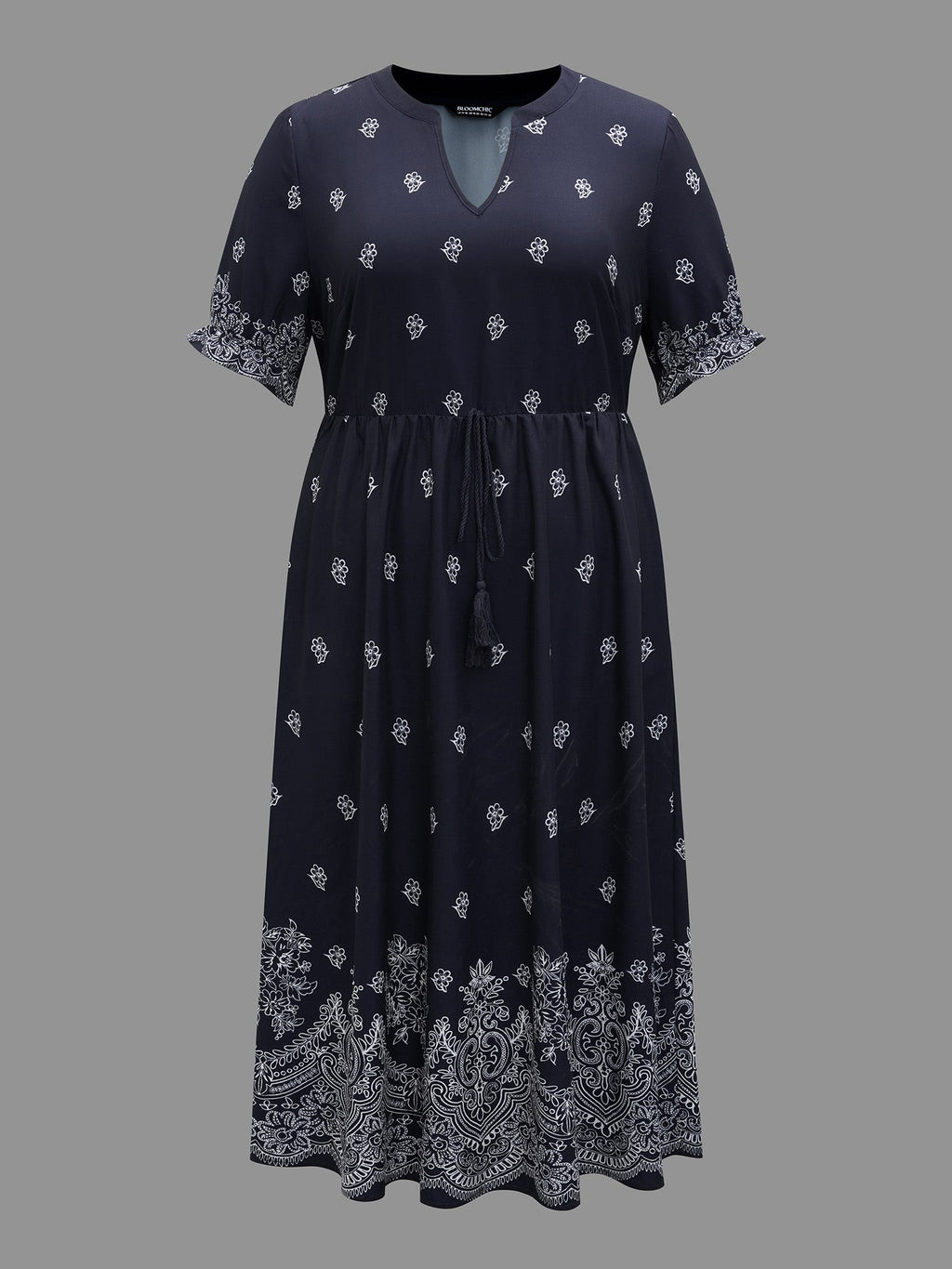(16pcs Minimum Wholesale)Floral Waist-Tie Notched Collar Midi Dress