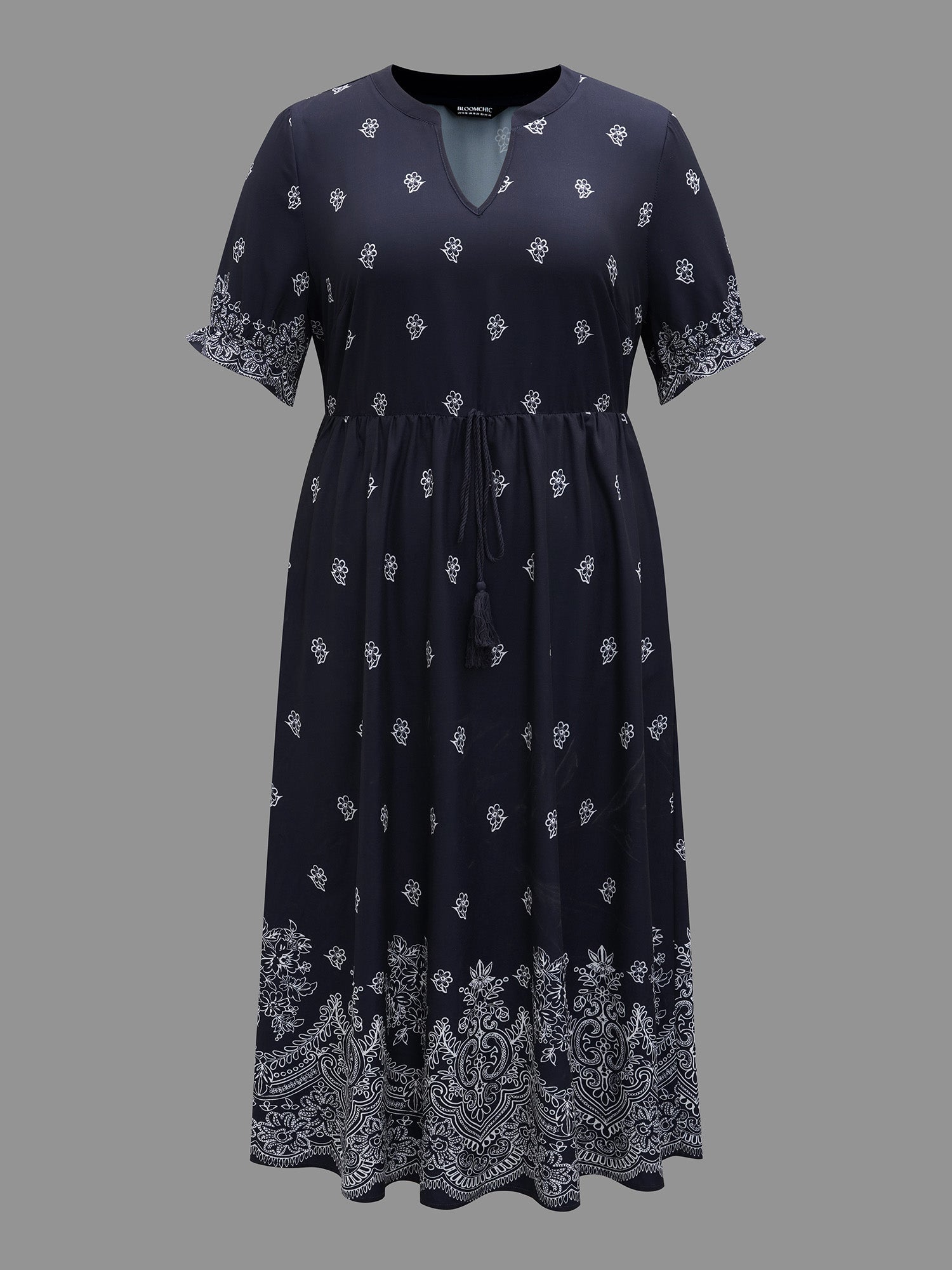 (16pcs Minimum Wholesale)Floral Waist-Tie Notched Collar Midi Dress