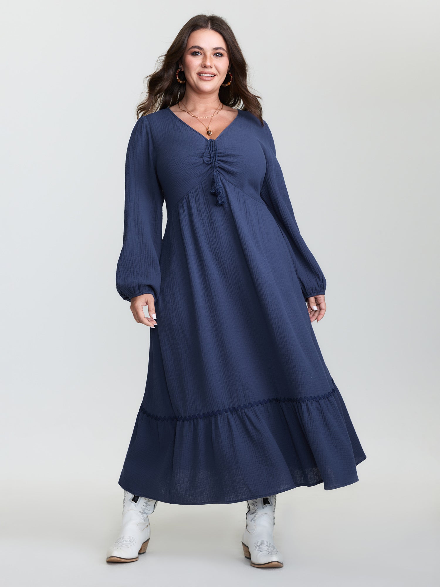 (20pcs Minimum Wholesale)Cotton Ruched Drawstring Neckline Tiered Midi Dress