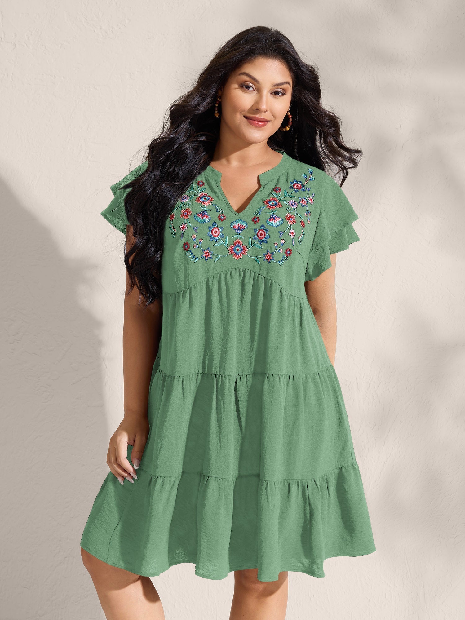 (16pcs Minimum Wholesale)Embroidered Neckline A-Line Ruffled Knee-Length Dress