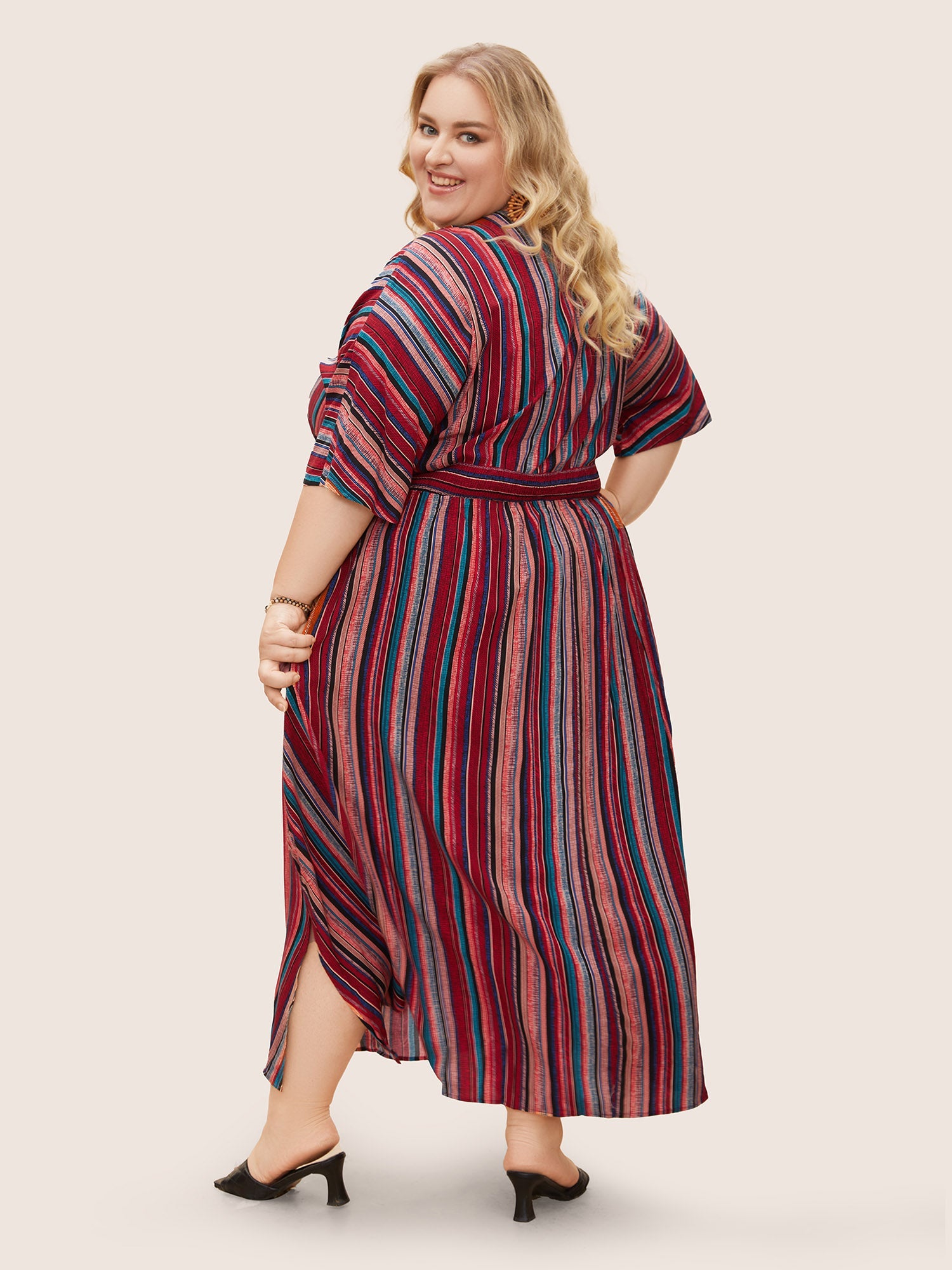 (25pcs Minimum Wholesale)Striped Contrast Dolman Sleeve Shirred Pocket Split Flutter Dress