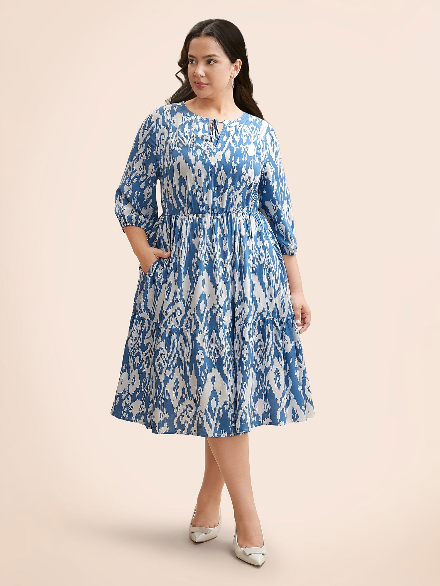 (22pcs Minimum Wholesale)Damask Print Tie Knot Puff Sleeve Dress