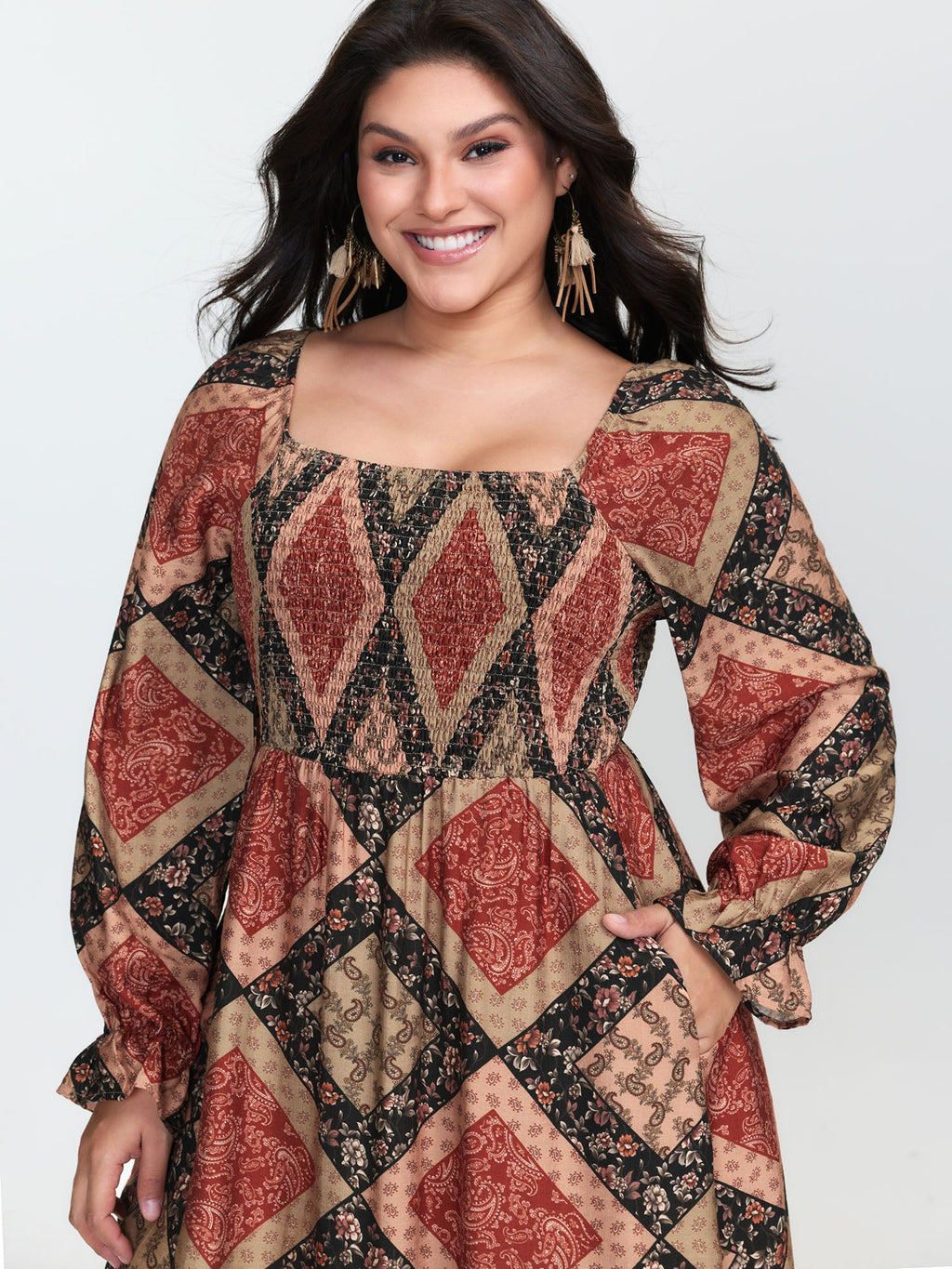(22pcs Minimum Wholesale)Geometric Print Shirred Bodice Midi Dress