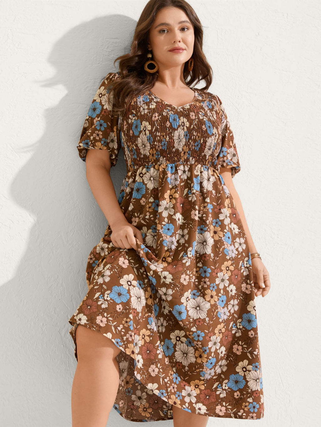 (18pcs Minimum Wholesale)Fall Florals Shirred Bodice Midi Dress